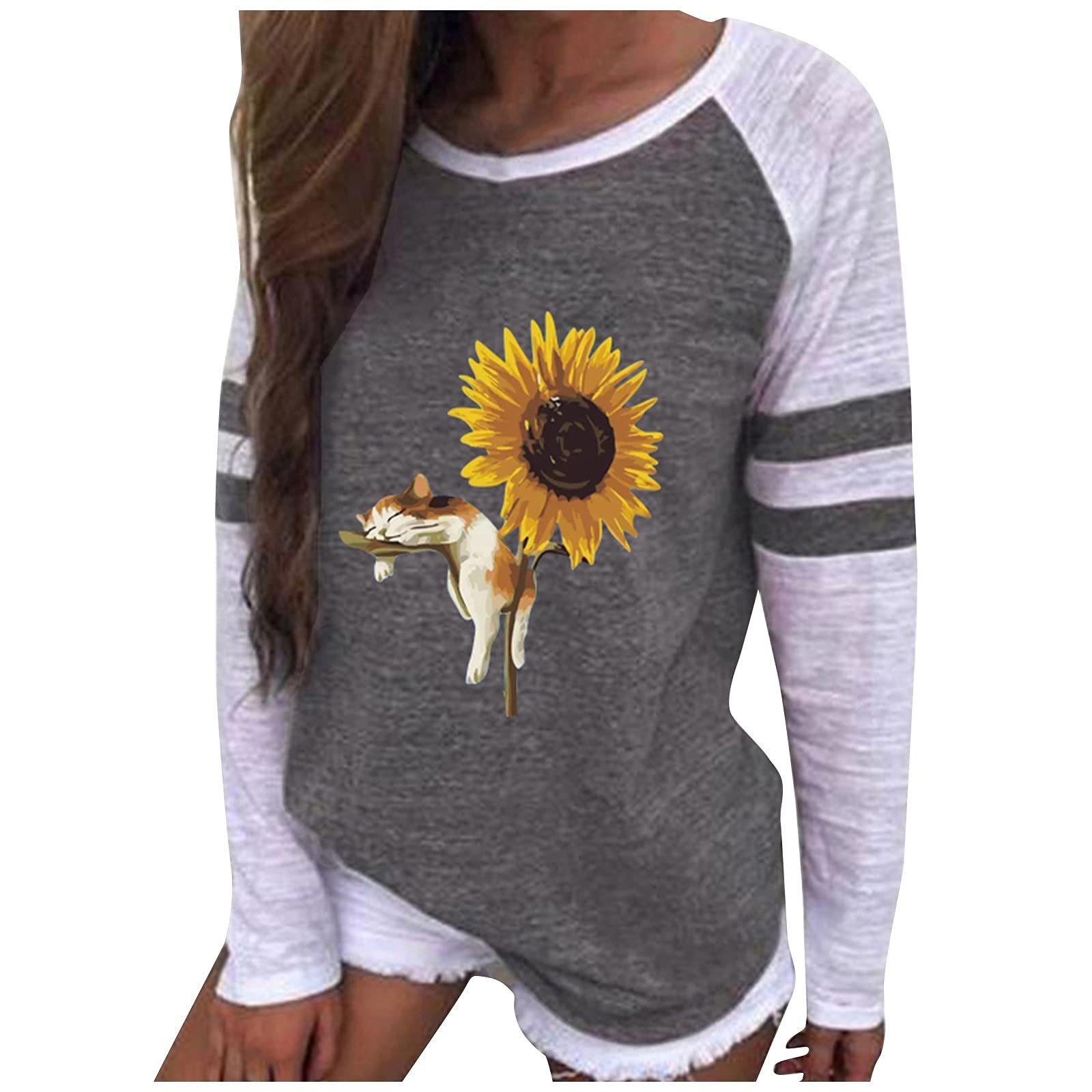UODSVP Women's Casual Cat Print Long Sleeve T-Shirt - Fashion Round Neck Loose Blouse for Everyday Wear, Work & Weekend Outfits