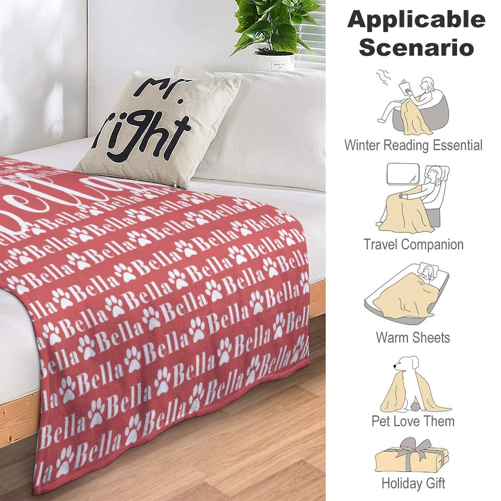 Custom Personalized Paw Print Dog Blanket with Pet's Name - Soft Fleece Throw Blanket for Small Medium Large Dogs | Memorial Gift for Dog Lovers, Pet Parents & Family | Perfect for Couch, Bed & Travel Use