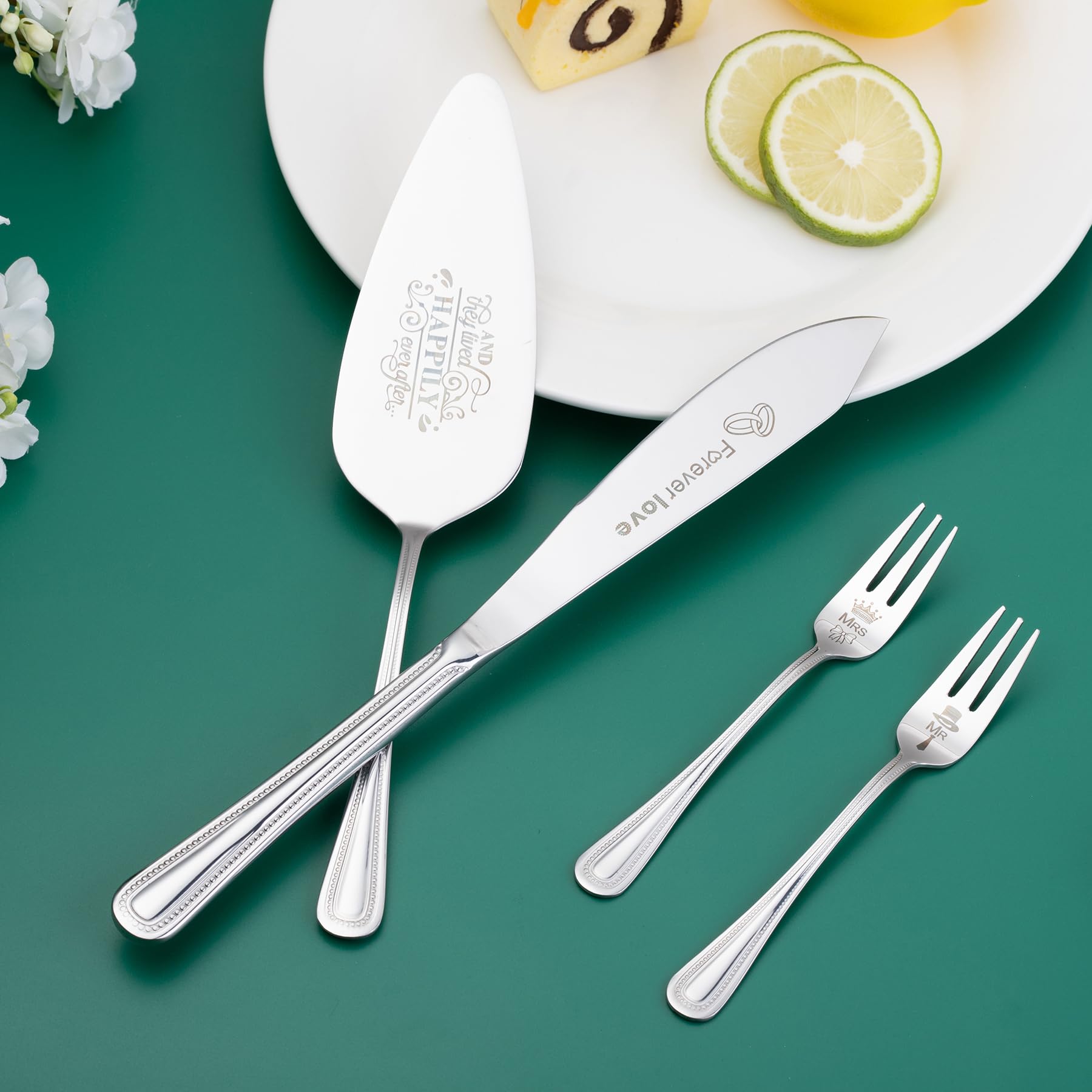 Elegant Silver Wedding Cake Cutting Set - Cake Knife & Server with Mr & Mrs Forks - Perfect for Wedding, Bridal Shower & Anniversary Gifts - Ideal for Cake Cutting Ceremonies and Romantic Celebrations