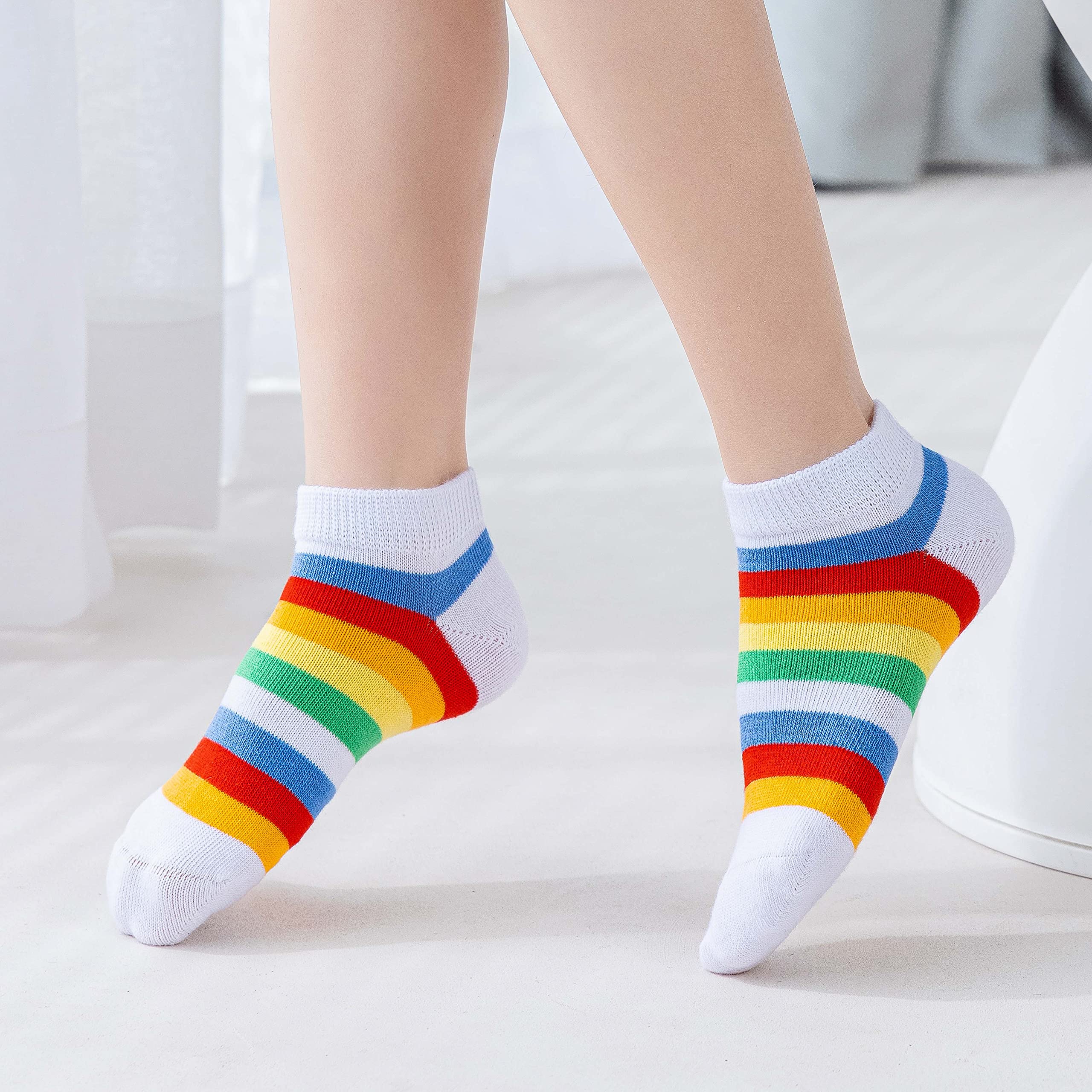 Marchare Girls Seamless Cotton Socks - 5 Pack Rainbow Striped Crew Socks for Kids, School, Play & Everyday Wear