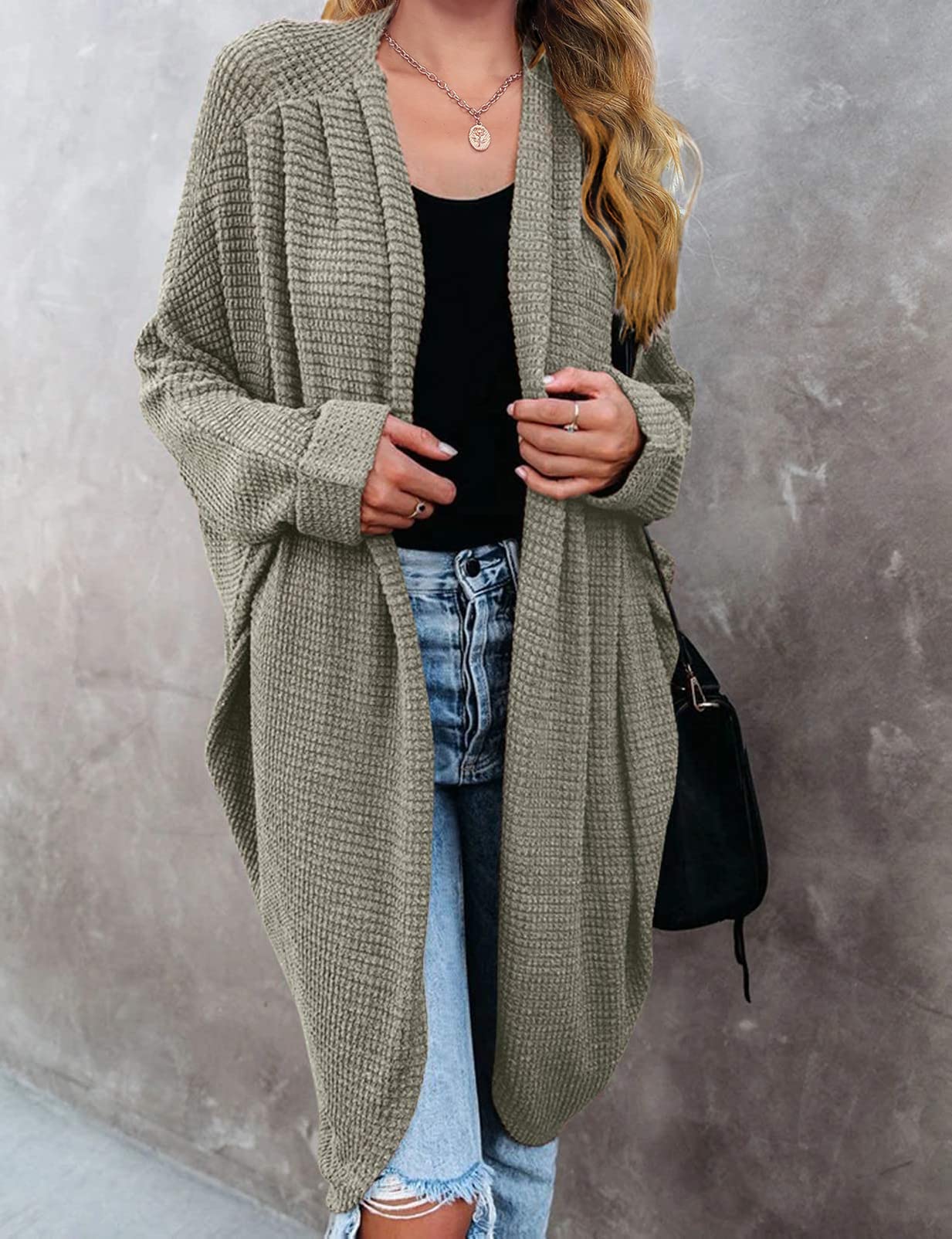 MEROKEETY Women's 2025 Fall Waffle Knit Batwing Long Sleeve Cardigan - Loose Open Front Sweater Coat for Casual Outfits, Office Wear & Autumn Layering