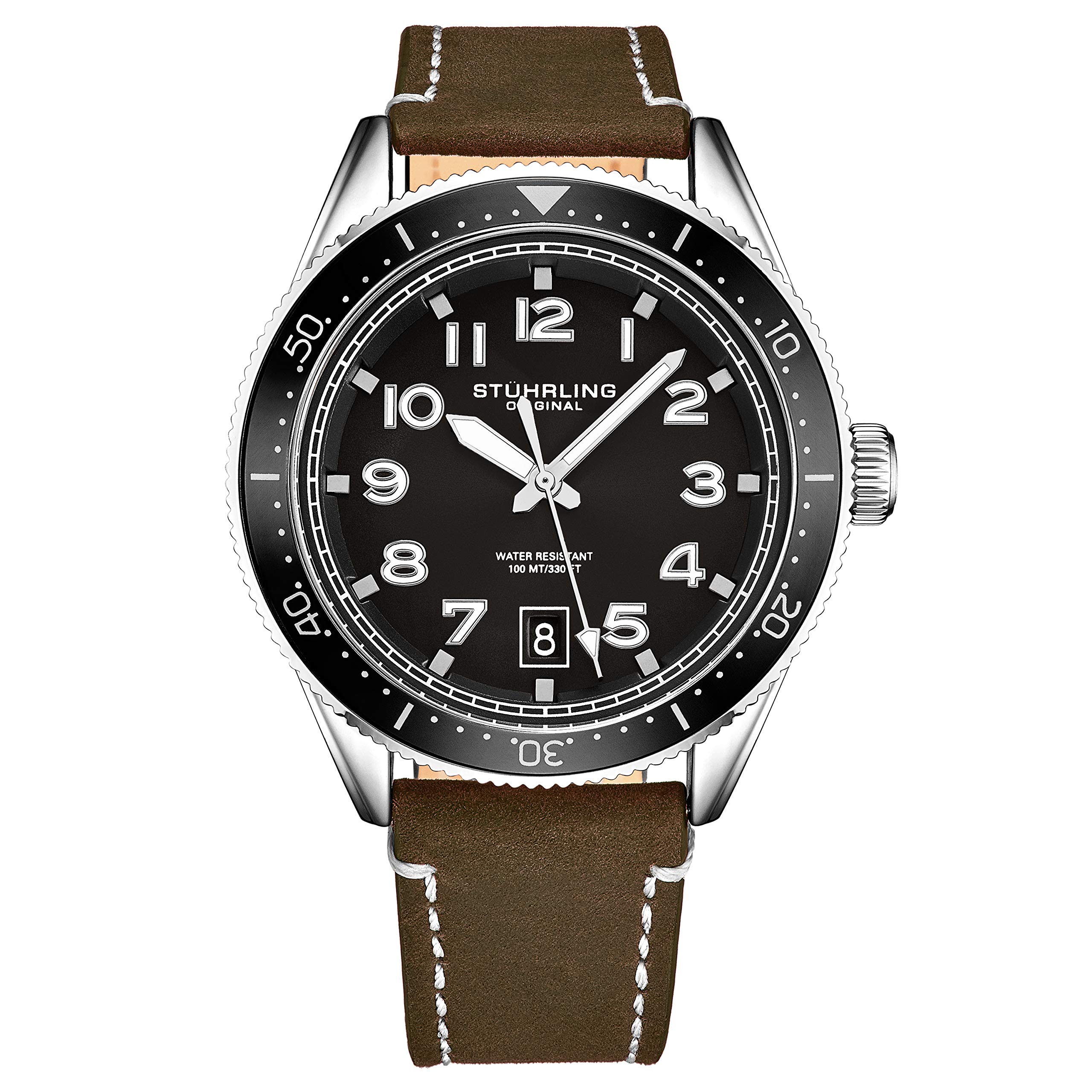 Stuhrling Original Men's Leather Dress Watch - Aviation Analog Watch with Date Display, Genuine Leather Strap, Water Resistant Wristwatch for Business, Formal Occasions & Everyday Wear