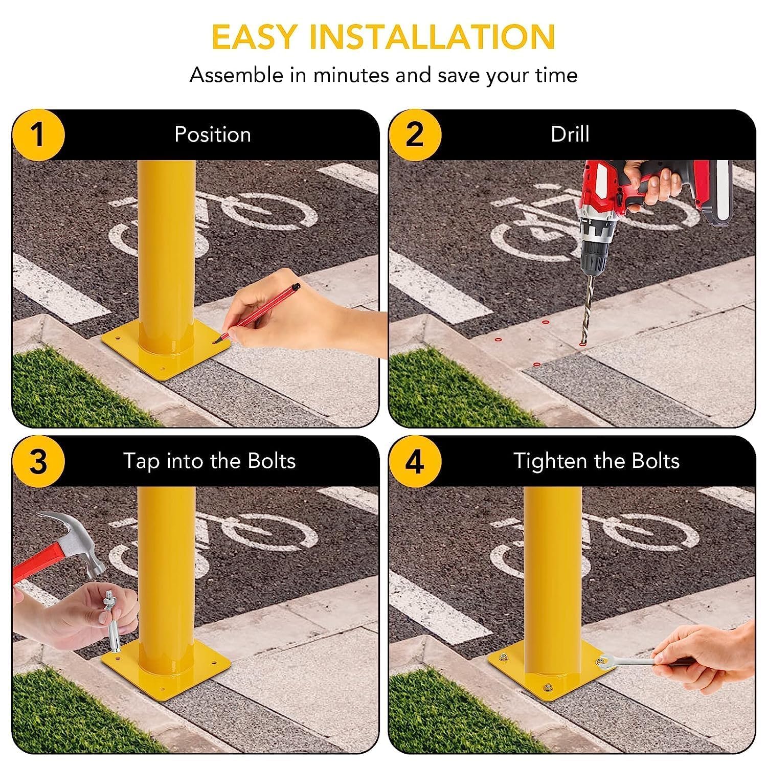 36 Inch Yellow Safety Bollard Post 6 Pack - 4.5 Inch Diameter Steel Traffic Control Bollards with 8 Anchor Bolts for Driveway Barrier, Parking Pole, and Pedestrian Safety