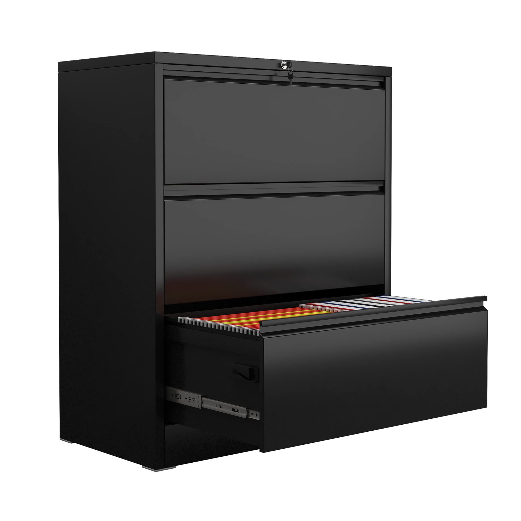 AOBABO 3-Drawer Lateral File Cabinet with Lock - Black Metal Horizontal Office Storage for Legal & Letter Size Documents - Perfect for Home Office, Study, or Workspace Organization - Assembly Required