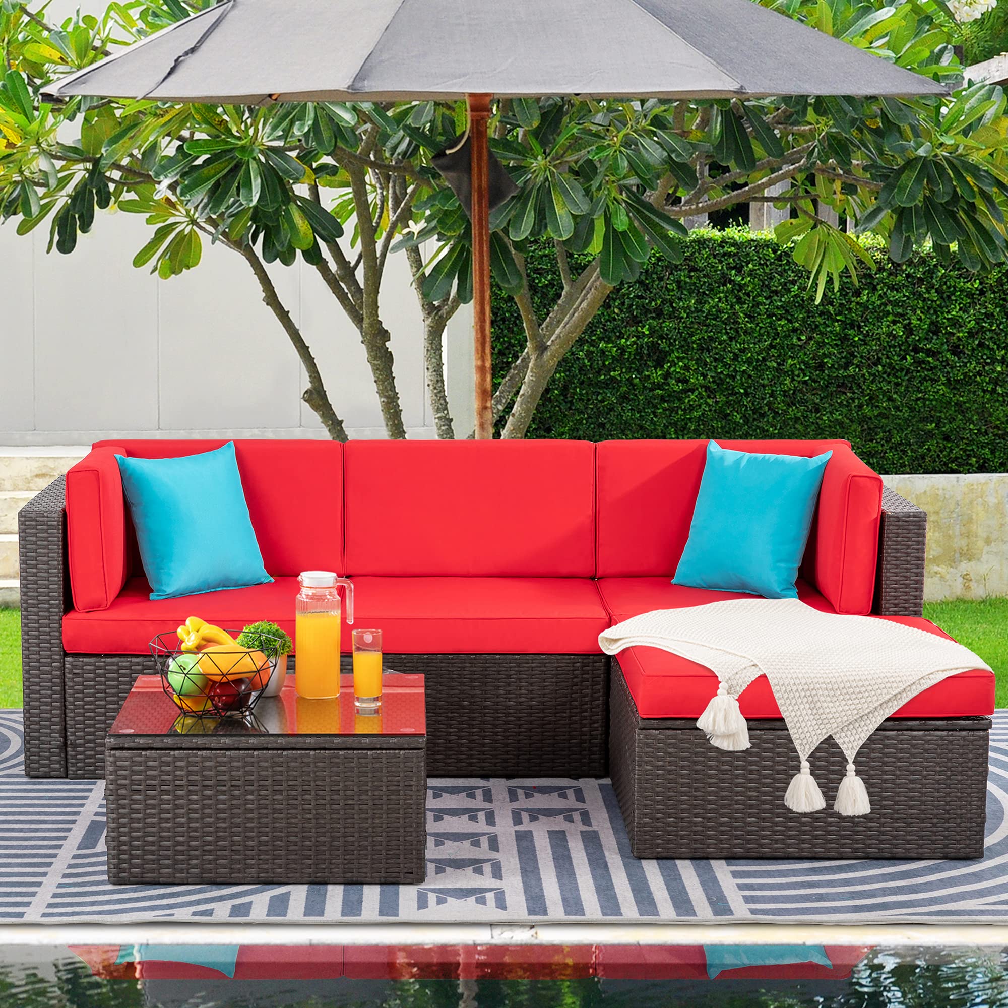 5-Piece All-Weather Outdoor Patio Furniture Set - PE Rattan Sectional Sofa with Glass Coffee Table, Ottoman & Red Cushions - Perfect for Garden, Poolside & Backyard Relaxation