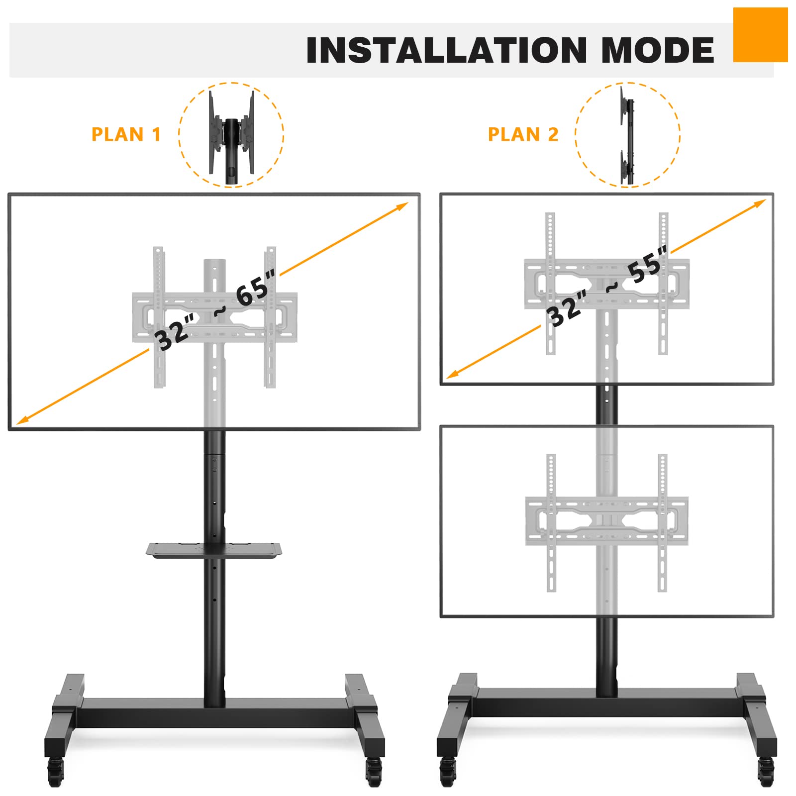 5Rcom Mobile TV Cart with Wheels for 32-55 Inch LCD LED 4K Flat/Curved TVs - Adjustable Height & Tilt Rolling TV Stand with Laptop Shelf, Holds 132 lbs - Perfect for Home Theater, Office Conference Rooms & Gaming Setups