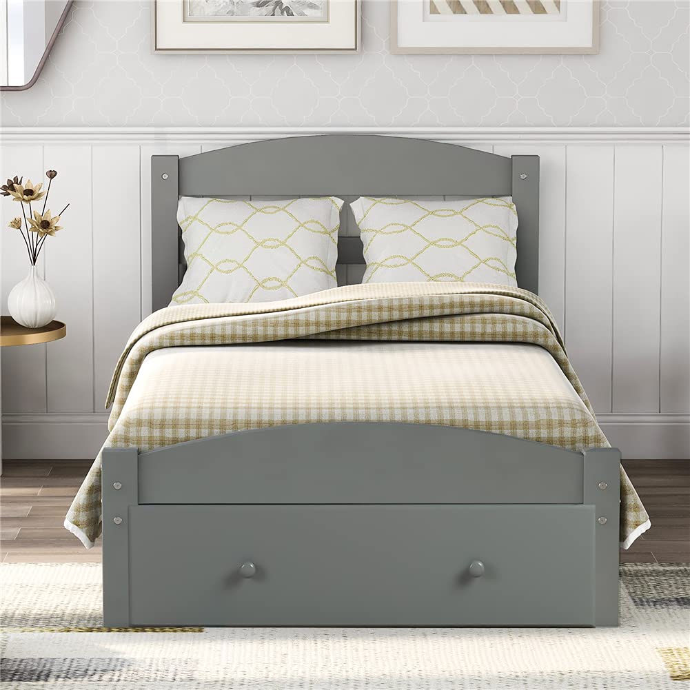 Twin Size Platform Bed Frame with Storage Drawers - Solid Pinewood Bed with Wide Plank Curved Headboard, Under Bed Storage Space - Perfect for Small Bedrooms, Guest Rooms & Studio Apartments (Gray)