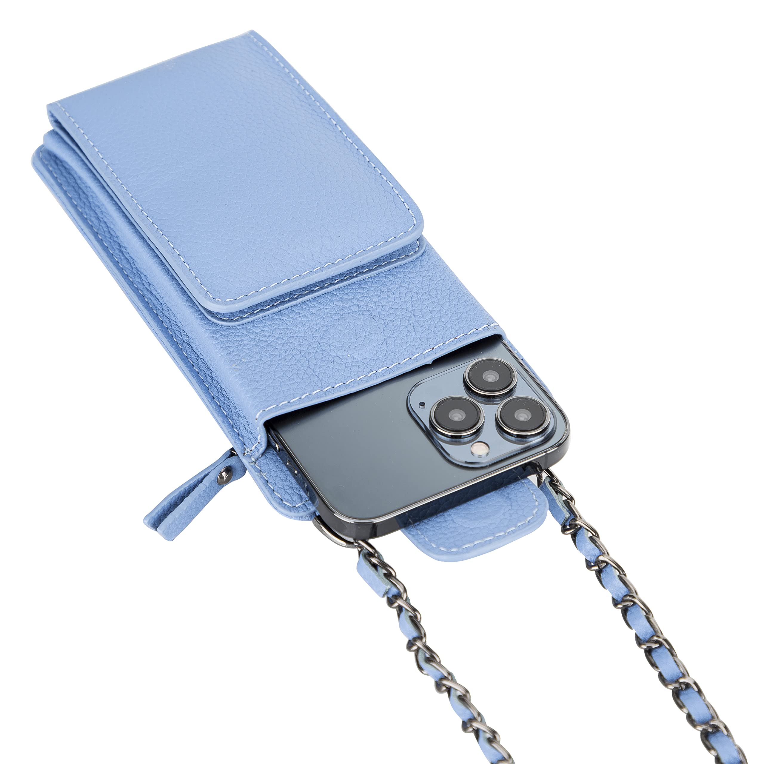 Crossbody Phone Case for iPhone 15 Pro Max & Samsung S24 - Light Blue Shoulder Strap Wallet Case | Hands-Free Convenience for Travel, Shopping & Outdoor Activities