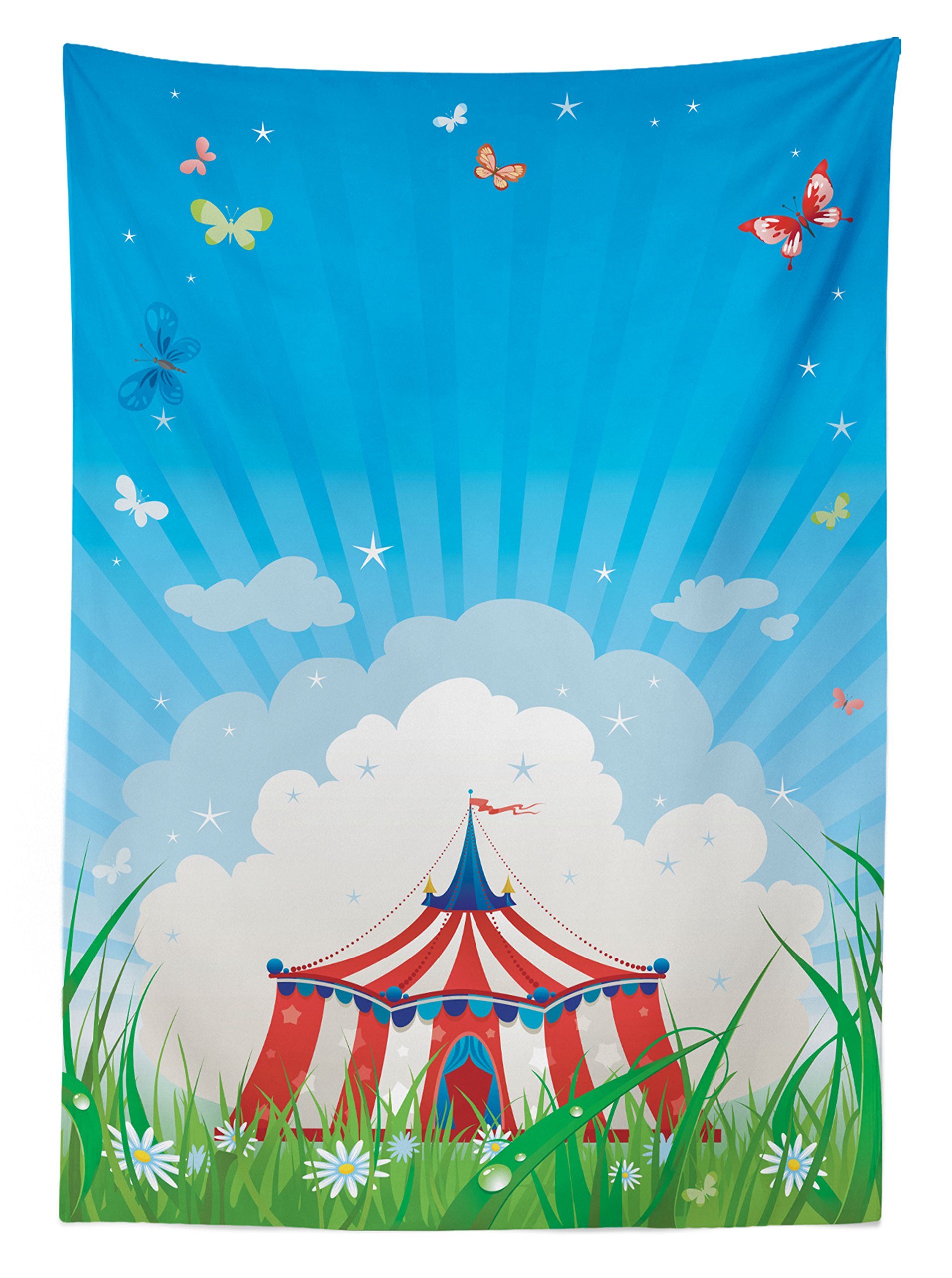 Ambesonne Circus Themed Outdoor Tablecloth - Waterproof Washable Picnic Table Cover with Traveling Circus Tent, Clouds & Butterflies Design - 58