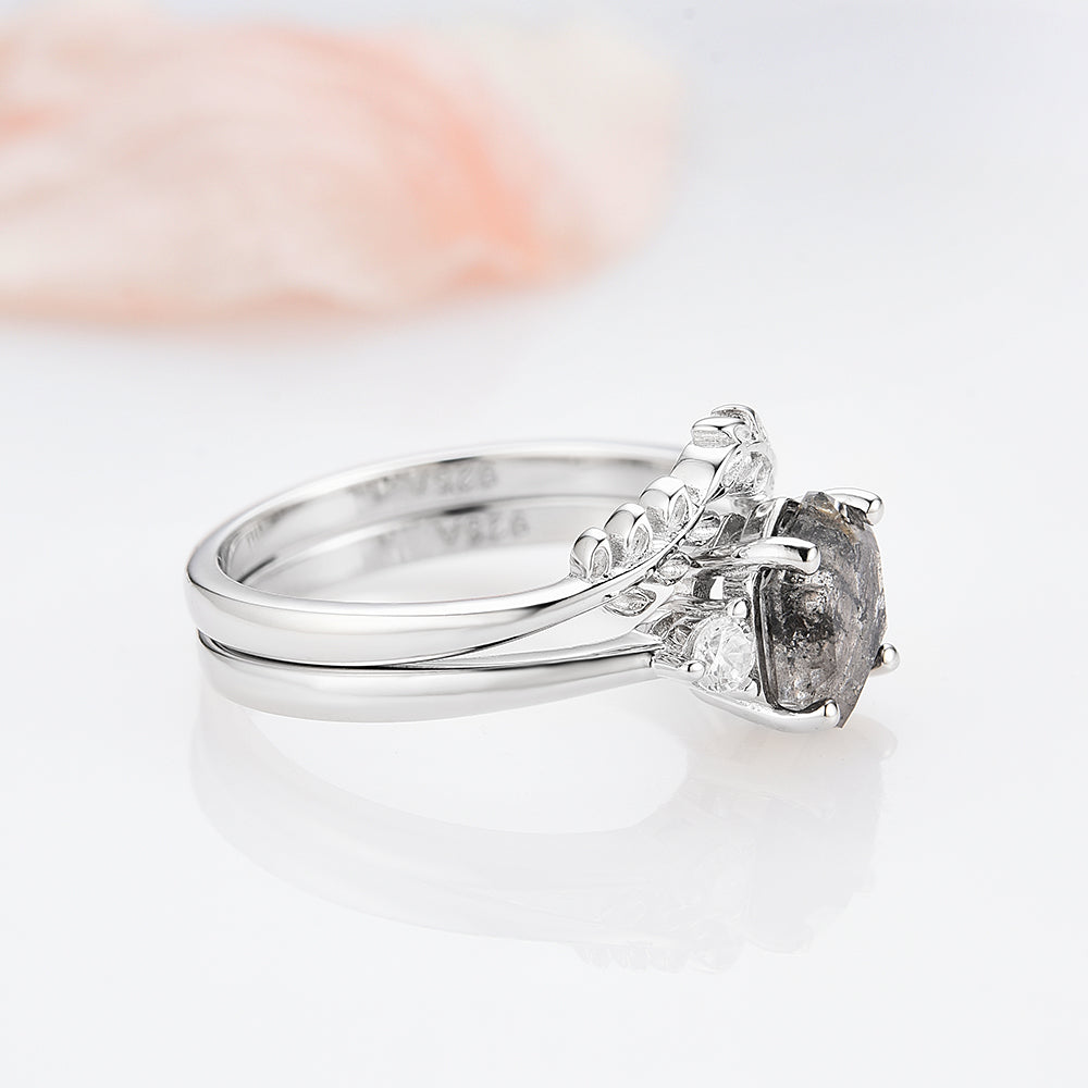 Galaxy Raw Salt & Pepper Diamond Ring Set - Herkimer Diamond Jewelry in 925 Sterling Silver for Women - Perfect for Weddings, Anniversaries & Boho Fashion