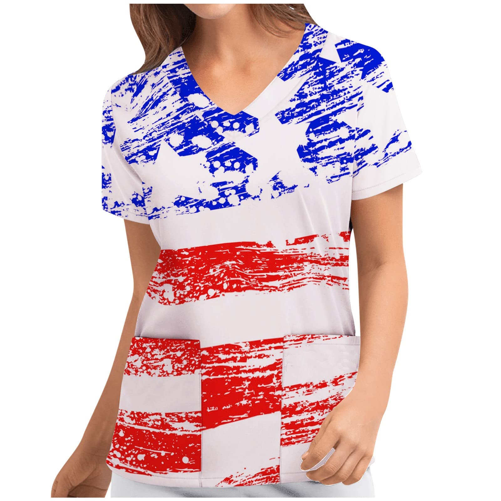 Women's Fashion V-Neck Short Sleeve T-Shirts with Pocket - Printed Work Uniform Blouse & Casual Tunic Top for Office, Daily Wear & Summer Outfits