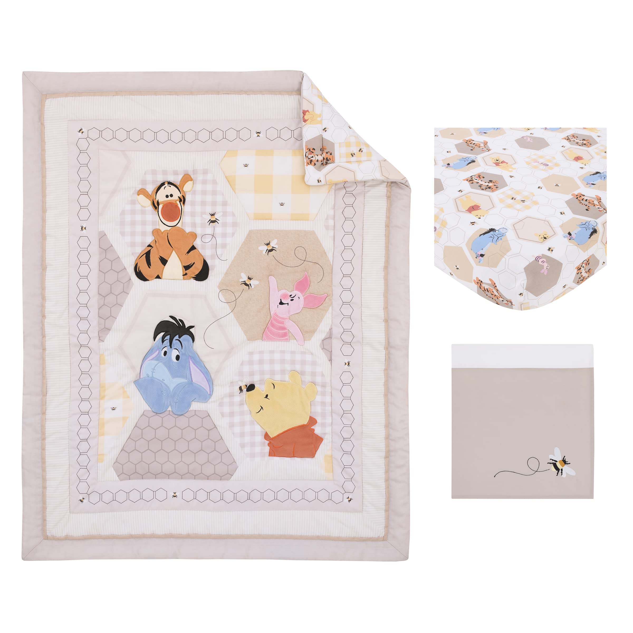 Disney Winnie The Pooh 3-Piece Crib Bedding Set - 100% Cotton Comforter, Fitted Sheet & Skirt with Piglet, Tigger & Eeyore | Grey White Tan Patchwork Nursery Decor | Perfect for Baby Shower Gifts & Cozy Nursery Themes