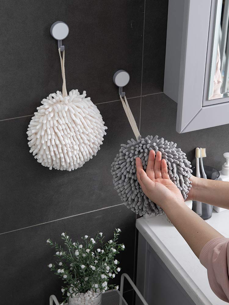 Sophie & Panda Soft Fuzzy Ball Hand Towels Set of 2 - Super Absorbent White & Gray Bathroom Towels for Quick Drying | Decorative Guest Towels for Powder Room, Kitchen & Spa Use
