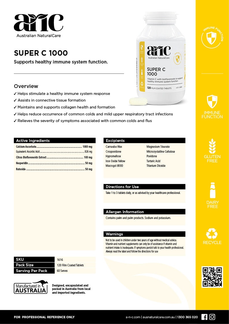 Australian Natural Care Super C 1000mg Vitamin C Supplement - 120 Tablets for Immune Support, Skin Health & Energy Boost | Daily Wellness, Cold Prevention & Antioxidant Protection