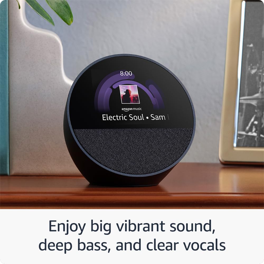 Amazon Echo Spot (Latest Model) - Smart Alarm Clock with Alexa, Black | Perfect for Nightstands, Offices & Kitchens | Voice Control, Weather Updates, Music Streaming & More