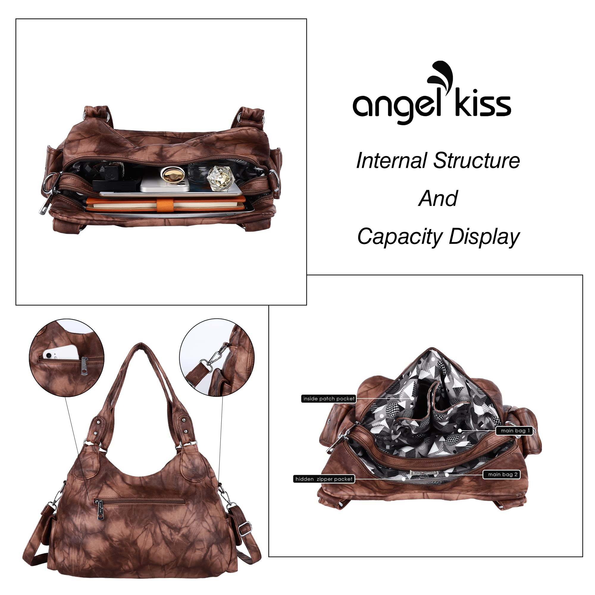 Angel Kiss Women's Large Shoulder Bag - Faux Leather Hobo Tote Purse with Multiple Pockets, Stylish Satchel for Work, Travel & Everyday Use