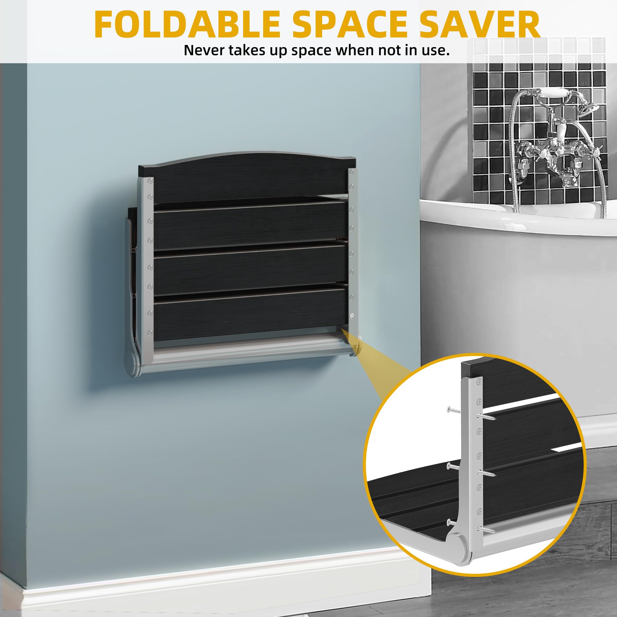 DWVO Folding Shower Seat Wall Mounted - Fold Down Shower Bench for Elderly, Disabled & Pregnant Women - Non-Slip Bathroom Safety Chair for Home Care (Black) - Ideal for Small Bathrooms & Assisted Living Spaces