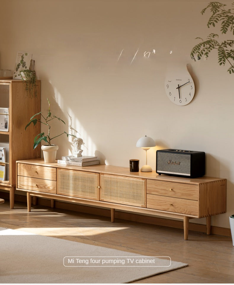 Solid Oak Wood TV Stand with Rattan Doors - Stylish Media Console for Living Room, Bedroom, or Home Theater