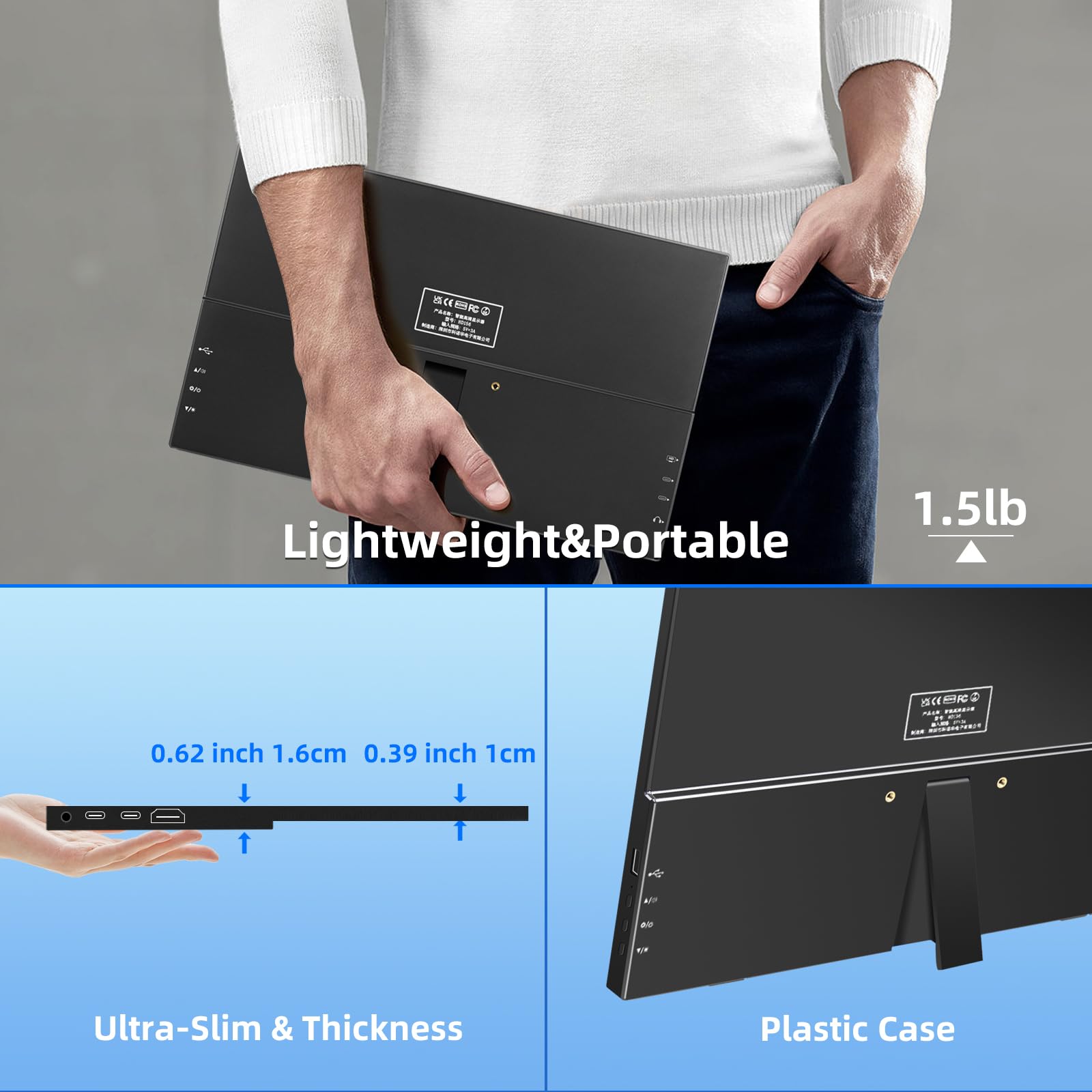 Thinlerain 15.6 Inch Portable Touch Screen Monitor - Full HD 1920x1080 IPS Display, USB-C & HDMI Connectivity for Laptop, PC, Smartphone - Travel Monitor for Windows 7/8/10 - Perfect for Business Travel, Home Office & Gaming Setup