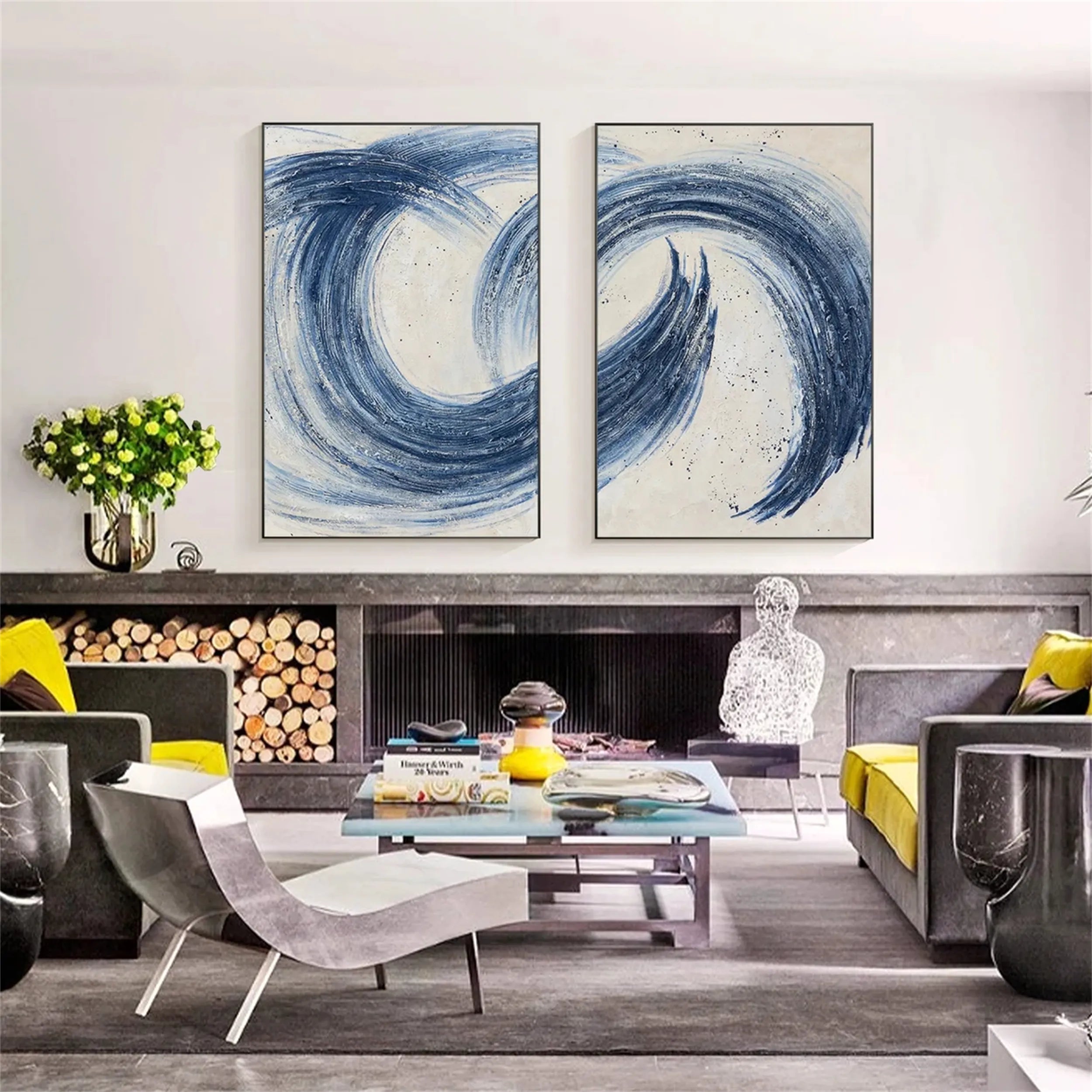 Blue & Green Abstract Wall Art Set of 2 Paintings - Modern Canvas Prints for Living Room, Bedroom & Office Decor | BG020