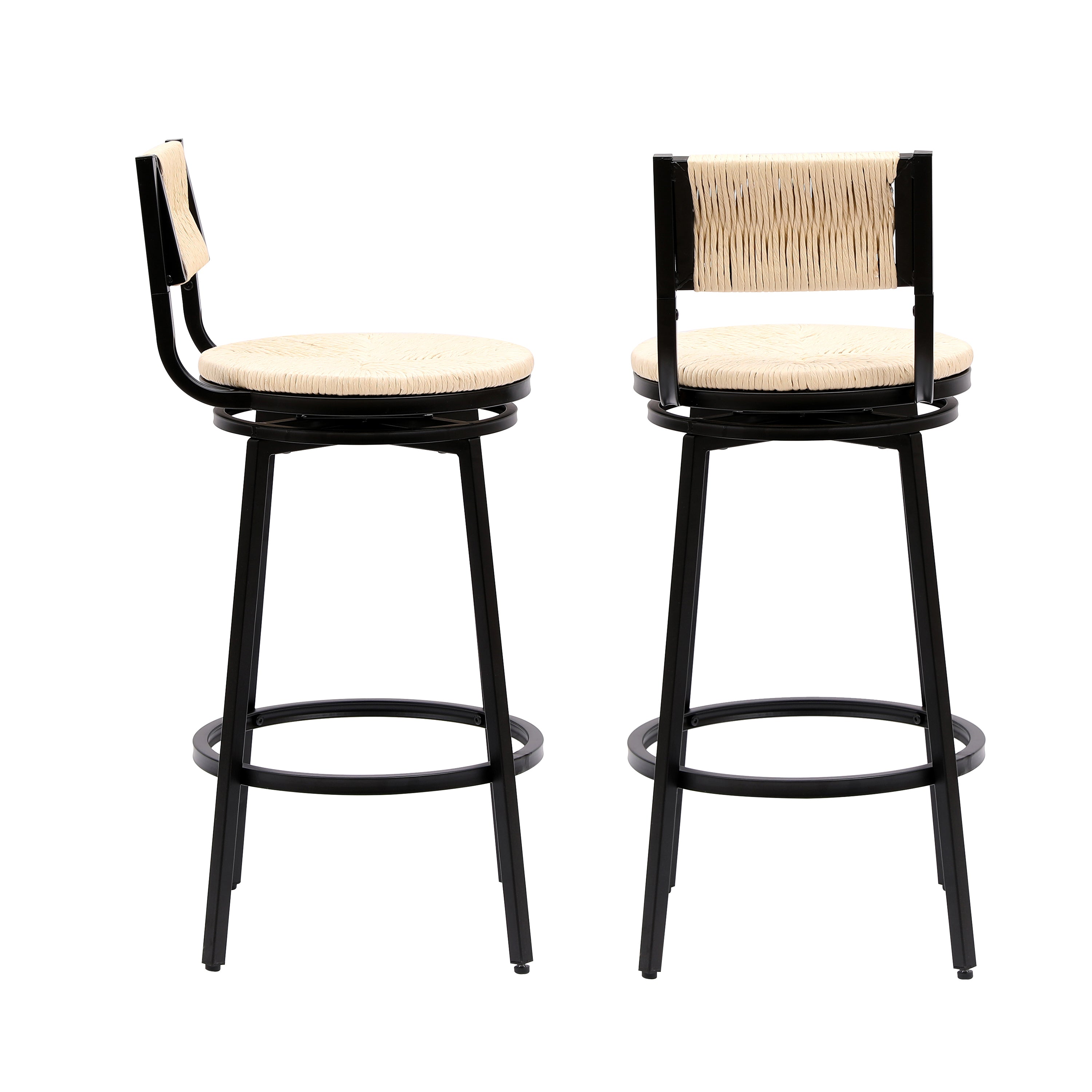 Swivel Bar Stools Set of 2 - Creamy White Counter Height Chairs with Hand Woven Paper Rope Seat & Sturdy Metal Frame - Perfect for Kitchen Island, Breakfast Bar, or Dining Counter - Modern Farmhouse Style Barstools