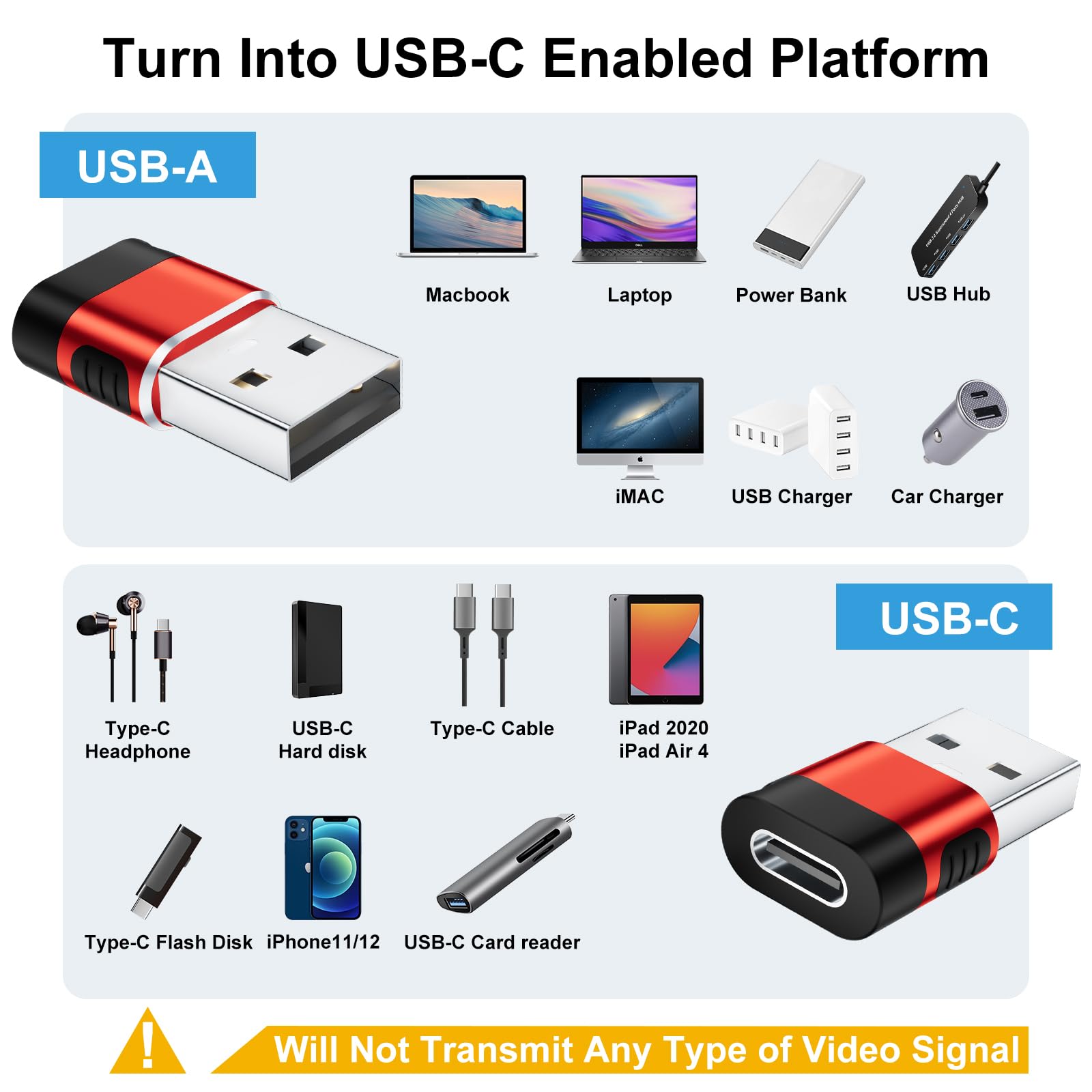 6-Pack USB A to USB C Adapter - USB 3.0 to Type C Converter for iPhone 16/15, iPad, AirPods, MacBook, Laptop & Charger - OTG Compatible (Red) - Perfect for Travel, Office & Home Charging