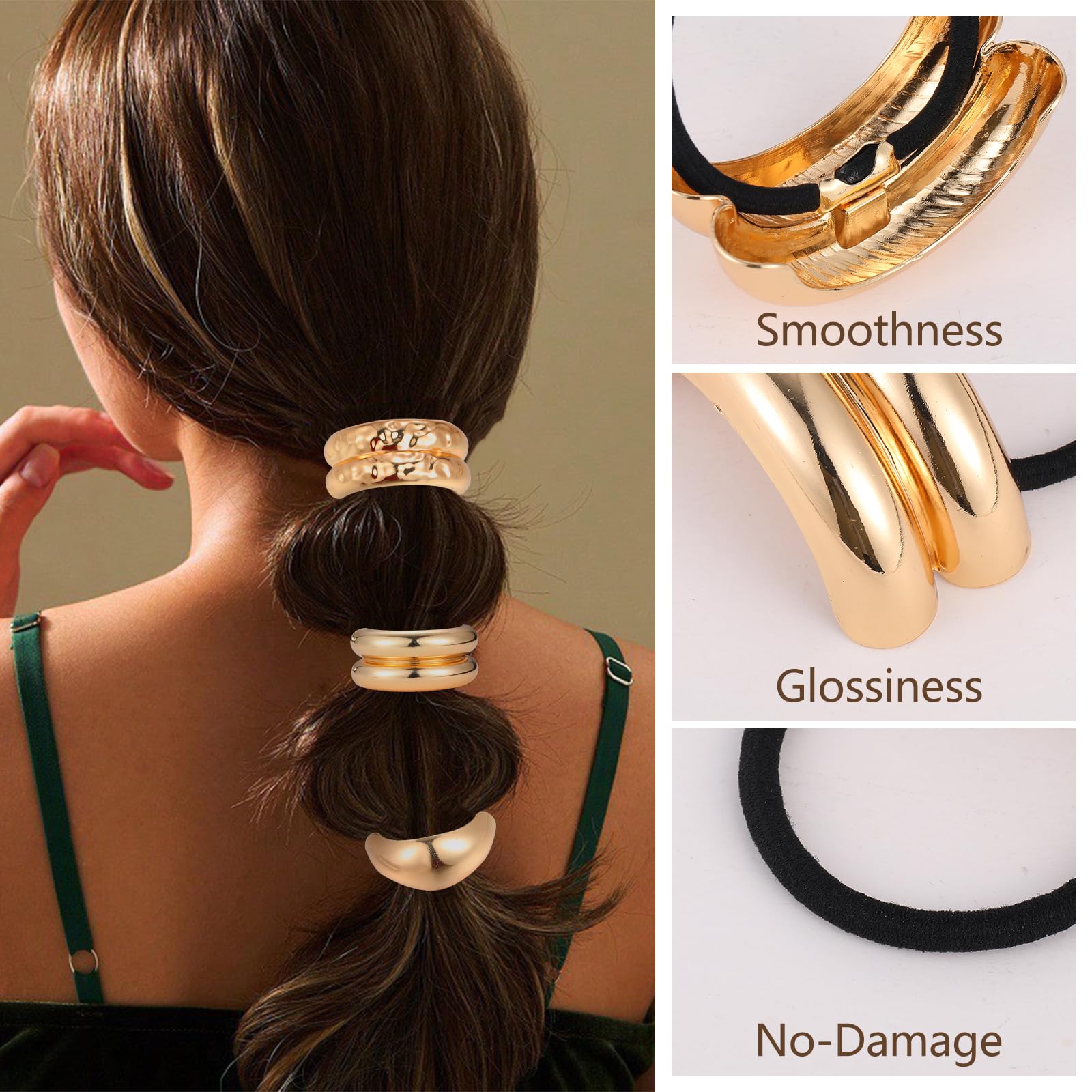 Gold & Silver Metal Hair Ties for Women - Geometric Elastic Hair Cuff Wraps for Thick Hair - Durable Hair Accessories for Workouts, Office & Everyday Styling