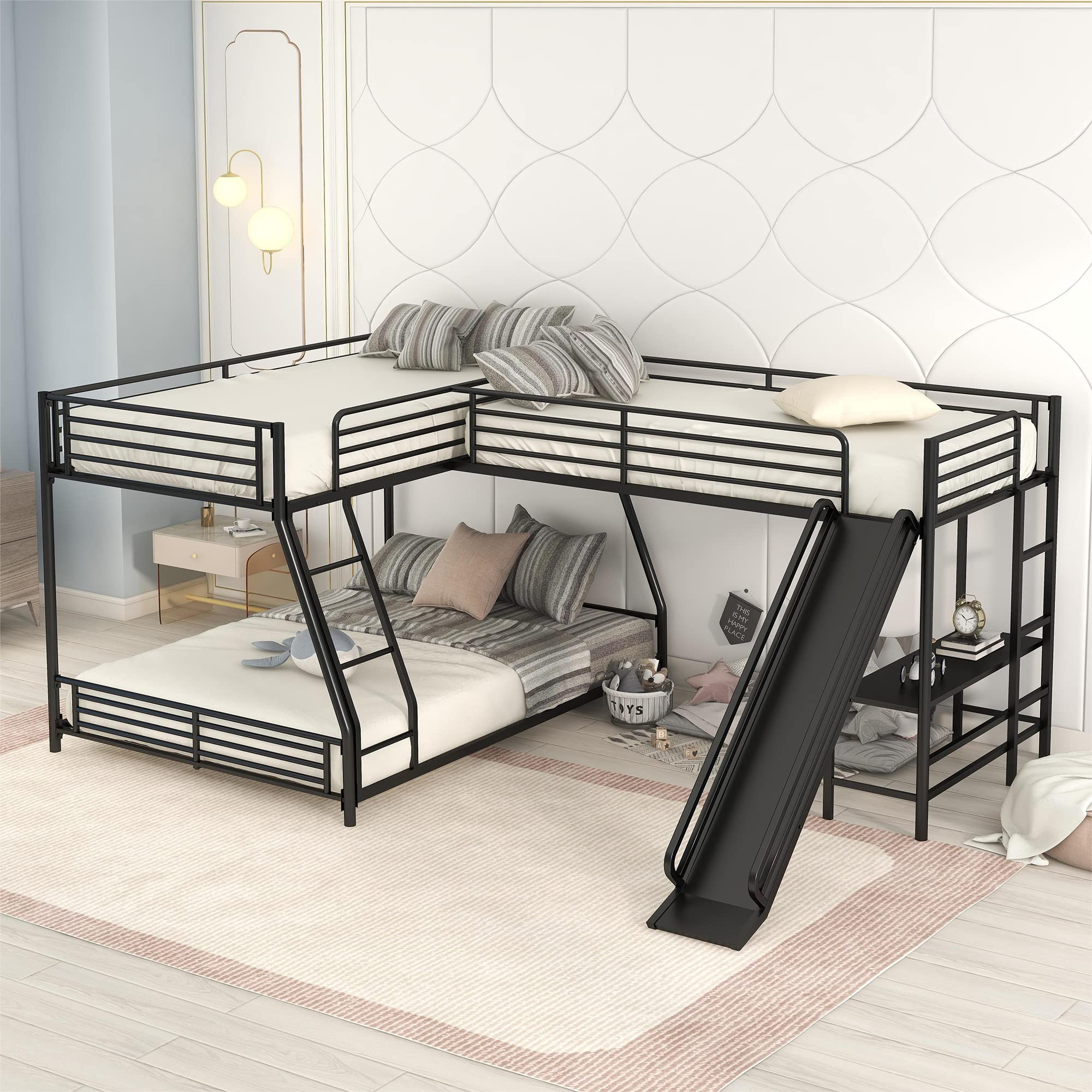 BOVZA L-Shaped Triple Bunk Bed - Twin Over Full Metal Bunk Beds for 3 Kids with Built-in Desk & Slide - Space-Saving Kids Bedroom Furniture for Small Rooms & Shared Spaces - Black