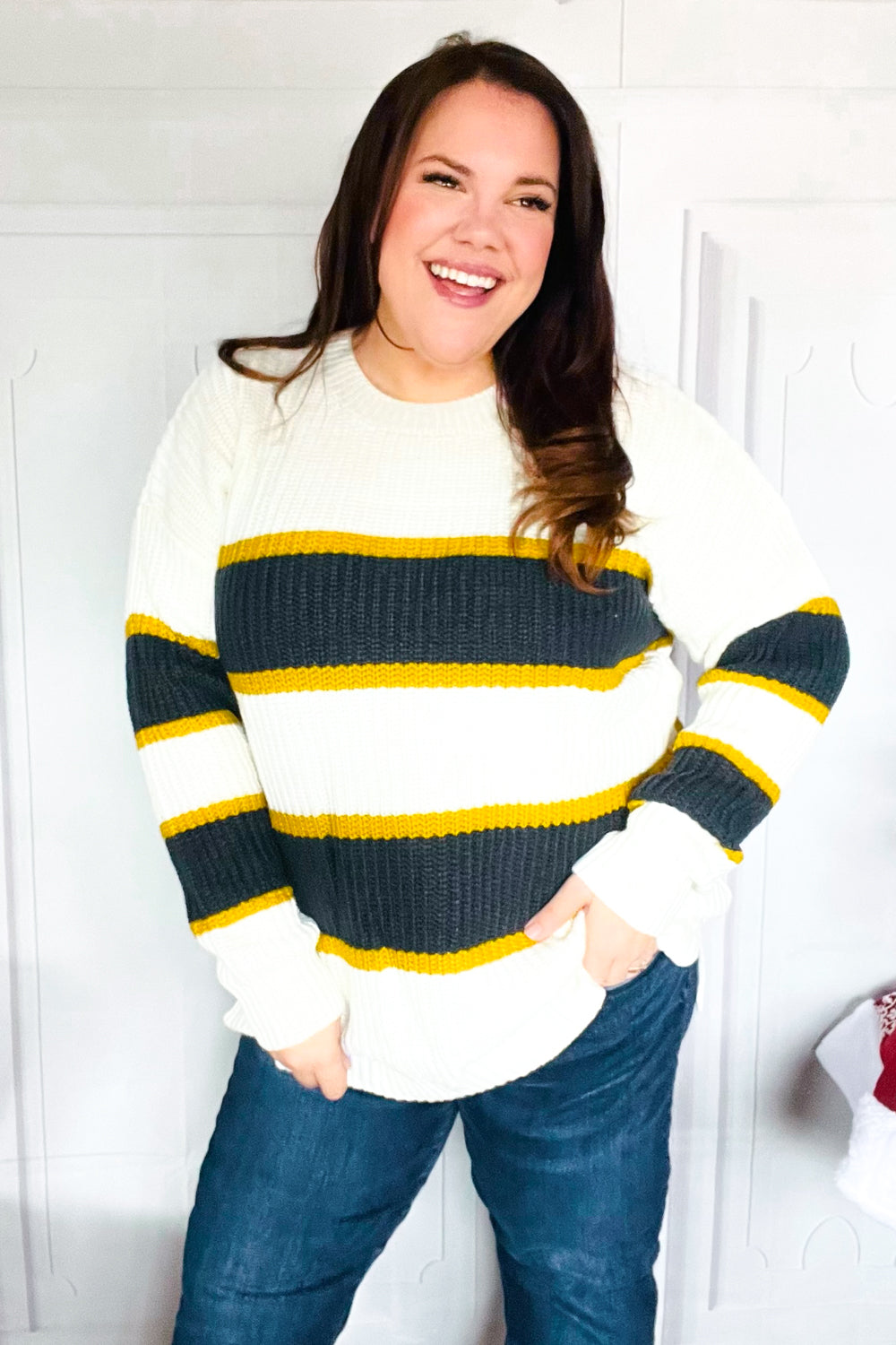 PLUS Casual Chic Yellow & Ivory Stripe Oversized Knit Sweater for Women | Cozy Winter Pullover | Perfect for Office, Date Night & Weekend Outfits