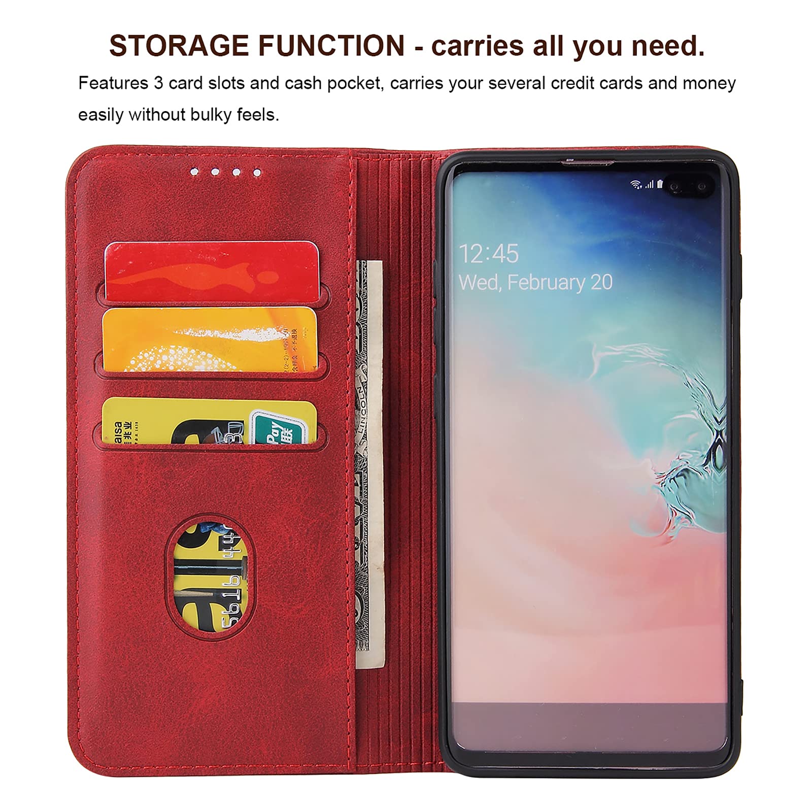 Premium PU Leather Wallet Case with Card Holder & Kickstand for Samsung Galaxy S10 Plus - Magnetic Closure Flip Folio Phone Cover (Red) - Perfect for Business, Travel & Daily Protection