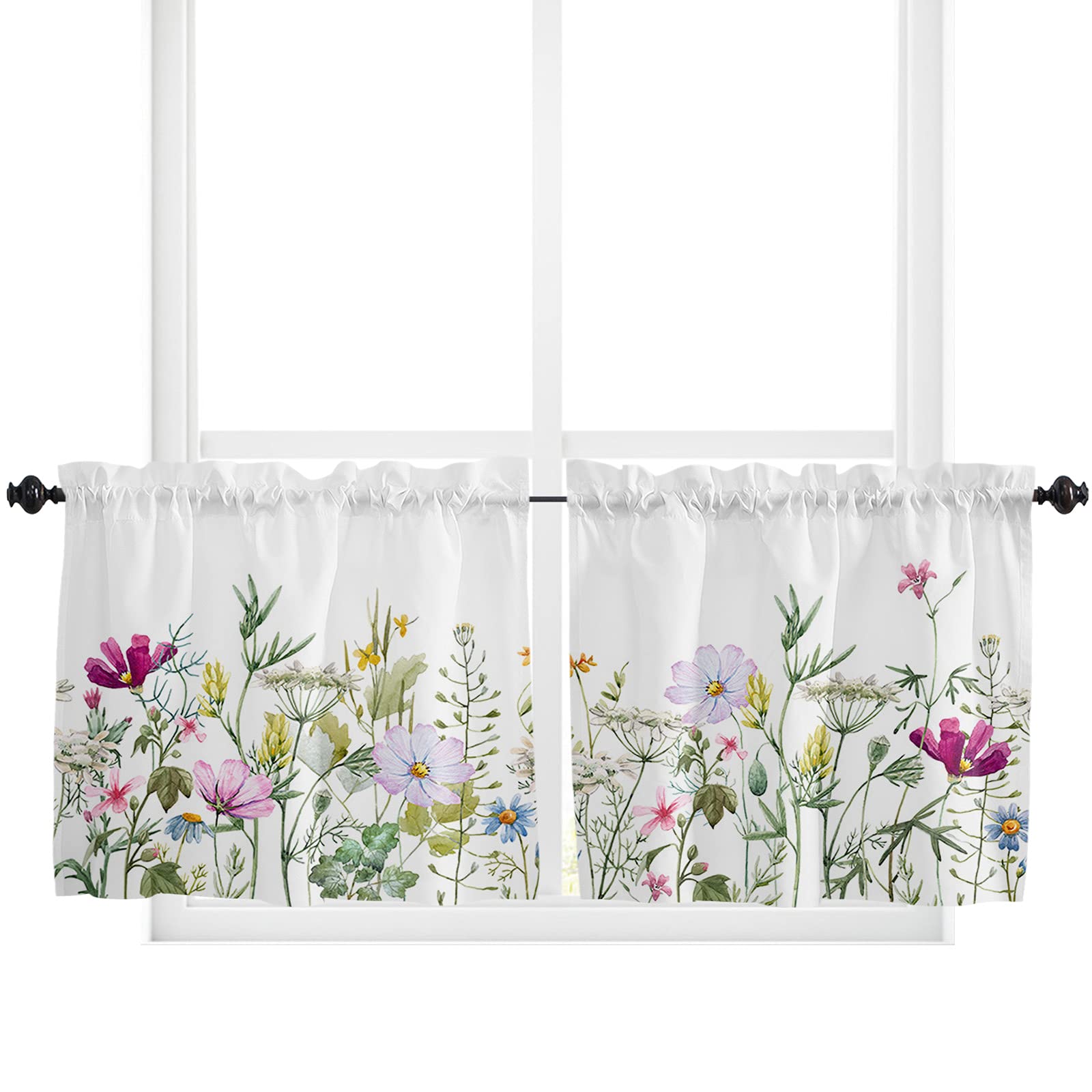 Wildflower Print Tier Curtains 27.5 x 24 Inches - Wide Pocket Kitchen & Bedroom Window Treatments - French Door Half Curtains for Patio, Living Room & Dining Room Decor - Perfect for Farmhouse, Cottage & Boho Style Homes