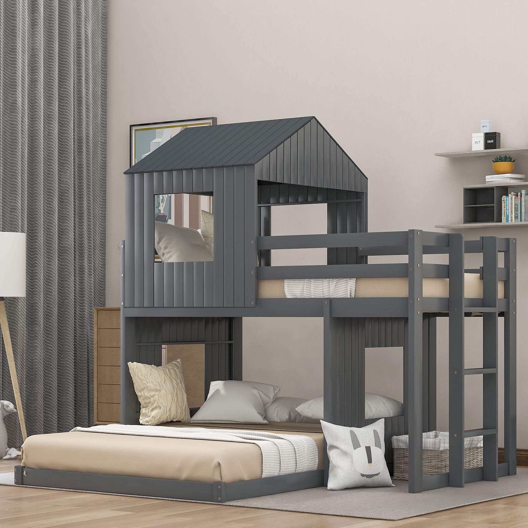 Harper & Bright Designs Twin Over Full House Bed Bunk Beds - Solid Wood Loft Bed with Roof & Safety Rails for Kids & Toddlers, No Box Spring Required - Perfect for Small Bedrooms, Shared Kids Rooms & Space-Saving Sleep Solutions