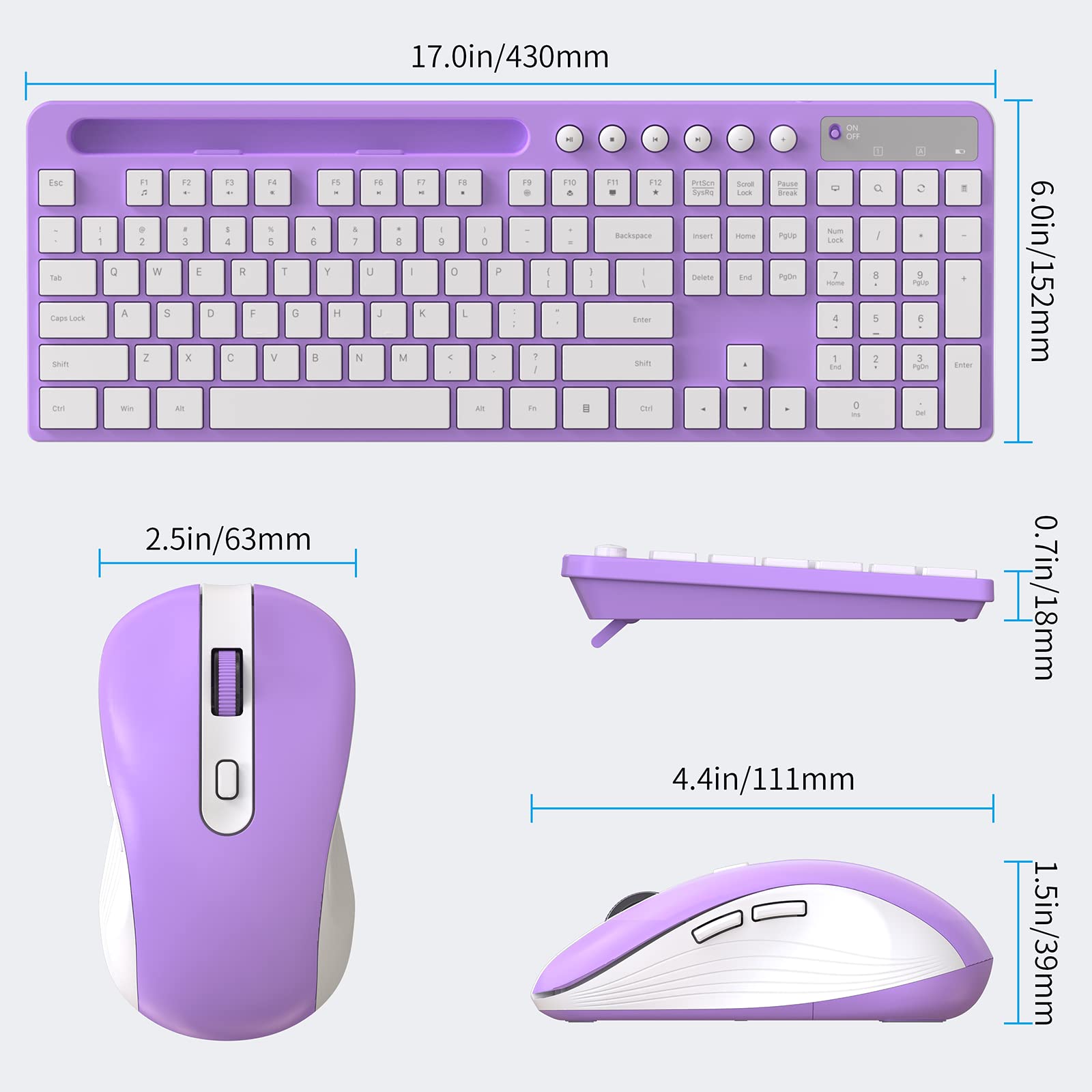 MARVO 2.4G Wireless Keyboard and Mouse Combo - Ergonomic Design with Silent 6-Button Mouse & Phone/Tablet Holder - Compatible with MacBook & Windows (Purple) - Perfect for Home Office, Gaming & Remote Work