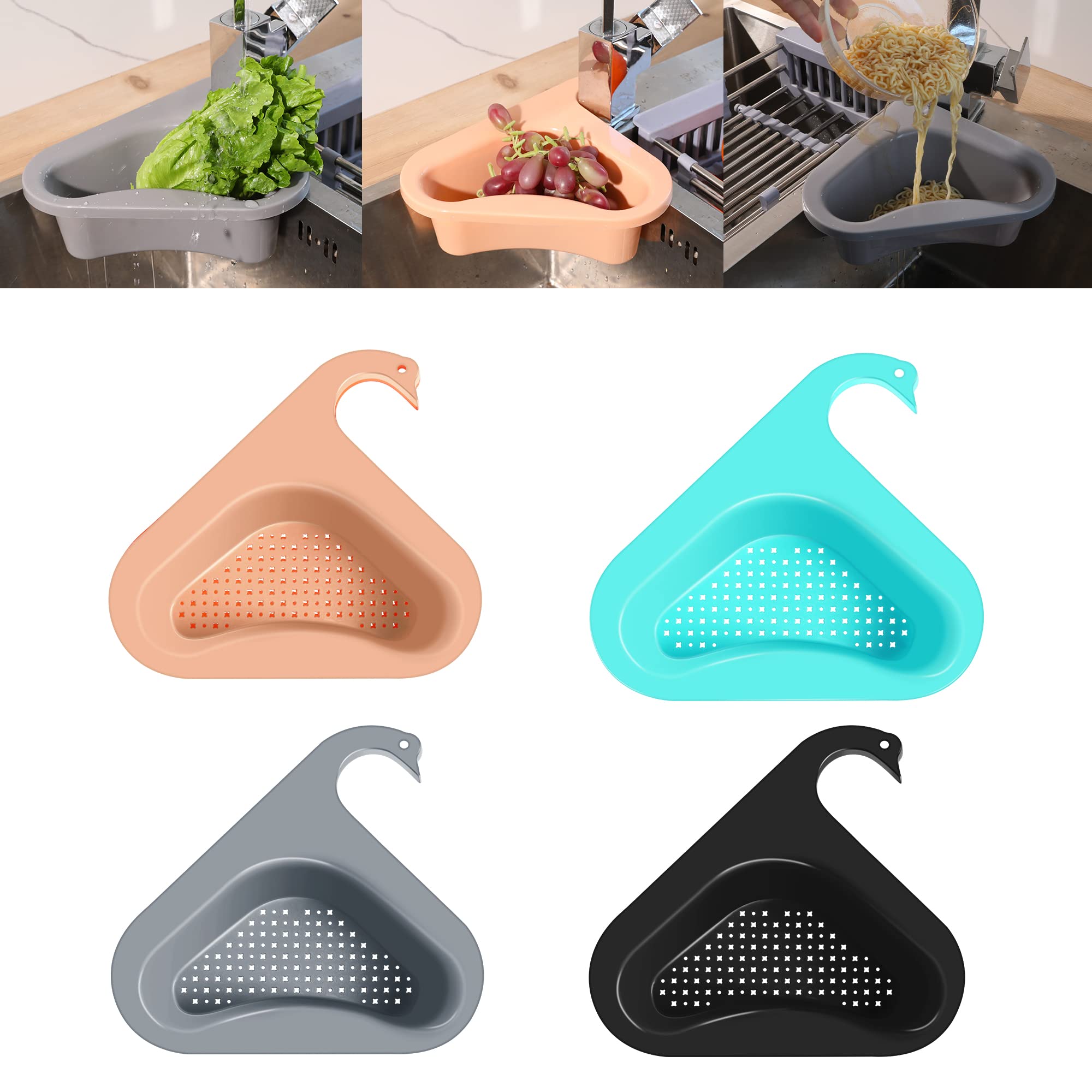 4 PCS Swan Drain Basket for Kitchen Sink - Stainless Steel Sink Strainer with Fine Mesh, Multifunctional Triangle Sink Filter for Bathroom & Kitchen (Black, Grey, Pink, Light Blue) - Perfect for Food Scraps, Hair Catcher & Soap Dispenser Organizer