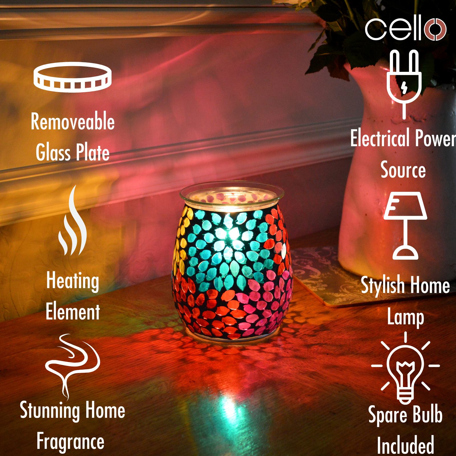 Cello Electric Wax Warmer with Mosaic Glass Design - Floral Pattern for Home Fragrance & Aromatherapy - Perfect for Living Room, Bedroom, and Office Use