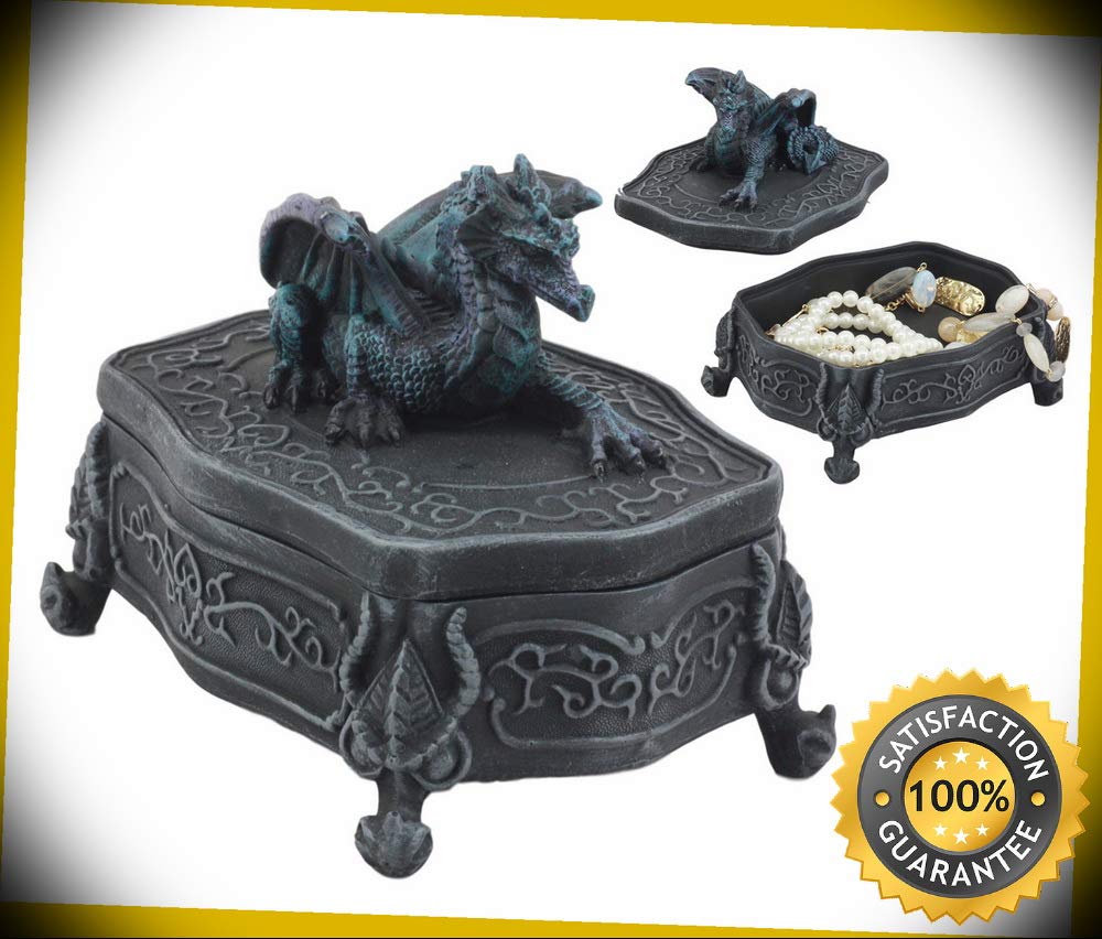 Fantasy Midnight Dragon Box - Celtic Dragon Chest Jewelry Box, Handcrafted Figurine & Collectible Display Case - Perfect for Home Decor, Gift Giving & Fantasy Lovers