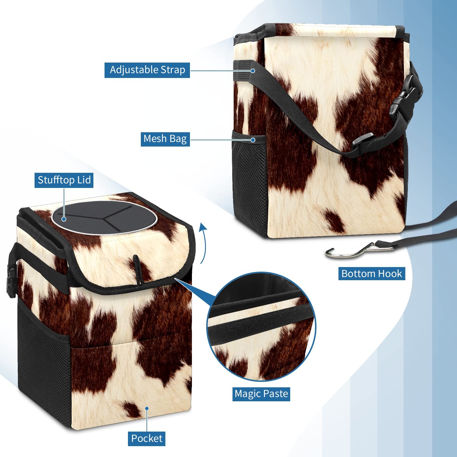 Western Cowhide Car Trash Can with Lid - Collapsible Reusable Waterproof Auto Garbage Bin for Car, Truck & SUV | Car Accessories Interior Organizer for Road Trips, Commuting & Camping