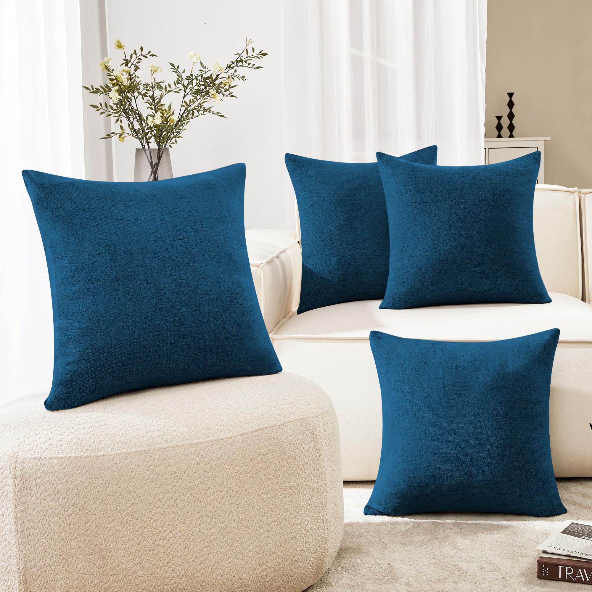 Deconovo Navy Blue Faux Linen Pillow Covers 20x20 Inch - Set of 4 Solid Neutral Cushion Covers for Outdoor Patio Furniture, Sofa, Bed & Home Decor (Federal Blue, No Insert Included)