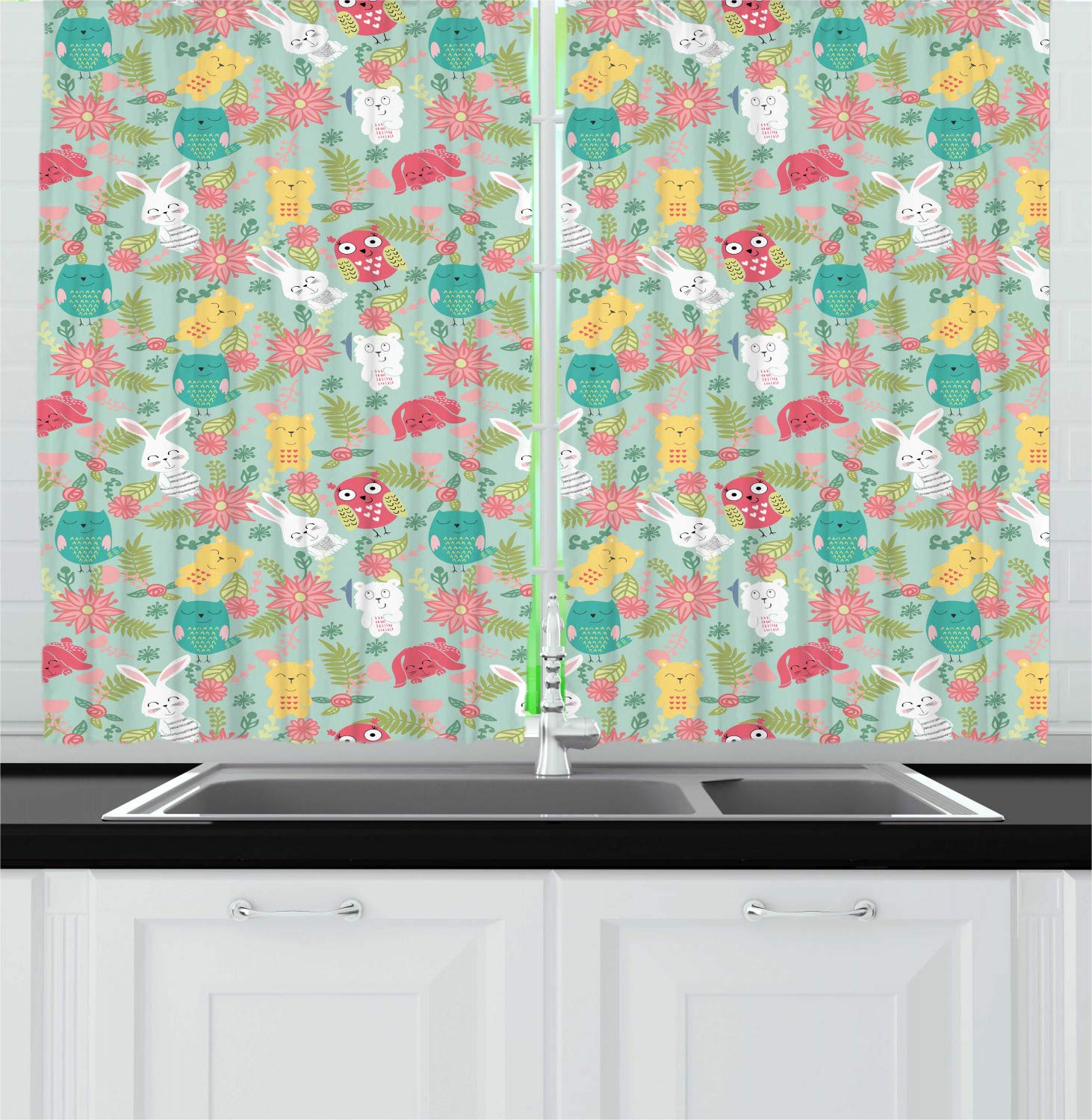 Forest Animals Cartoon Kitchen Curtains - Rabbit Owl Bear Design, 2-Panel Window Drapes for Kitchen & Cafe Decor, 55x39 Inches, Pink Mint Green Mustard - Perfect for Farmhouse, Nursery & Cozy Home Decor