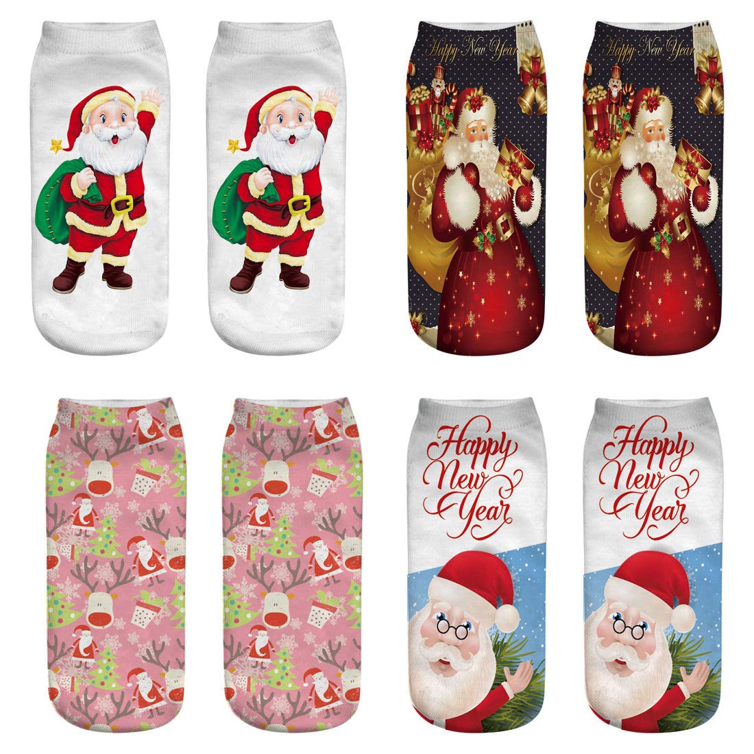 XIMIXI 4 Pairs Women's Christmas Ankle Socks - Santa Claus & Deer Print Cotton Crew Socks for Women, Holiday Gifts for Her | Perfect for Christmas Parties, Family Gatherings & Winter Outfits