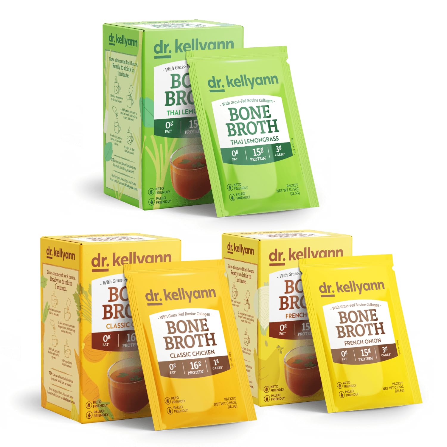 Dr. Kellyann Bone Broth Packets Variety Pack (3 Boxes, 21 Servings) – Classic Chicken, Thai Lemongrass & French Onion Flavors | Keto, Paleo & Gluten-Free | Perfect for Soups, Cooking & On-the-Go Nutrition