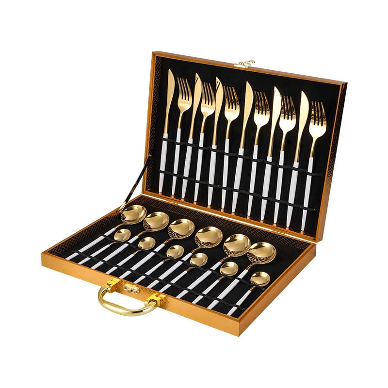 24-Piece Stainless Steel Silverware Set - Elegant White & Gold Flatware Cutlery for Dining, Travel & Camping | Includes Steak Knives, Forks & Coffee Spoons | Reusable Durable Dinnerware for Home, Picnics & Outdoor Adventures
