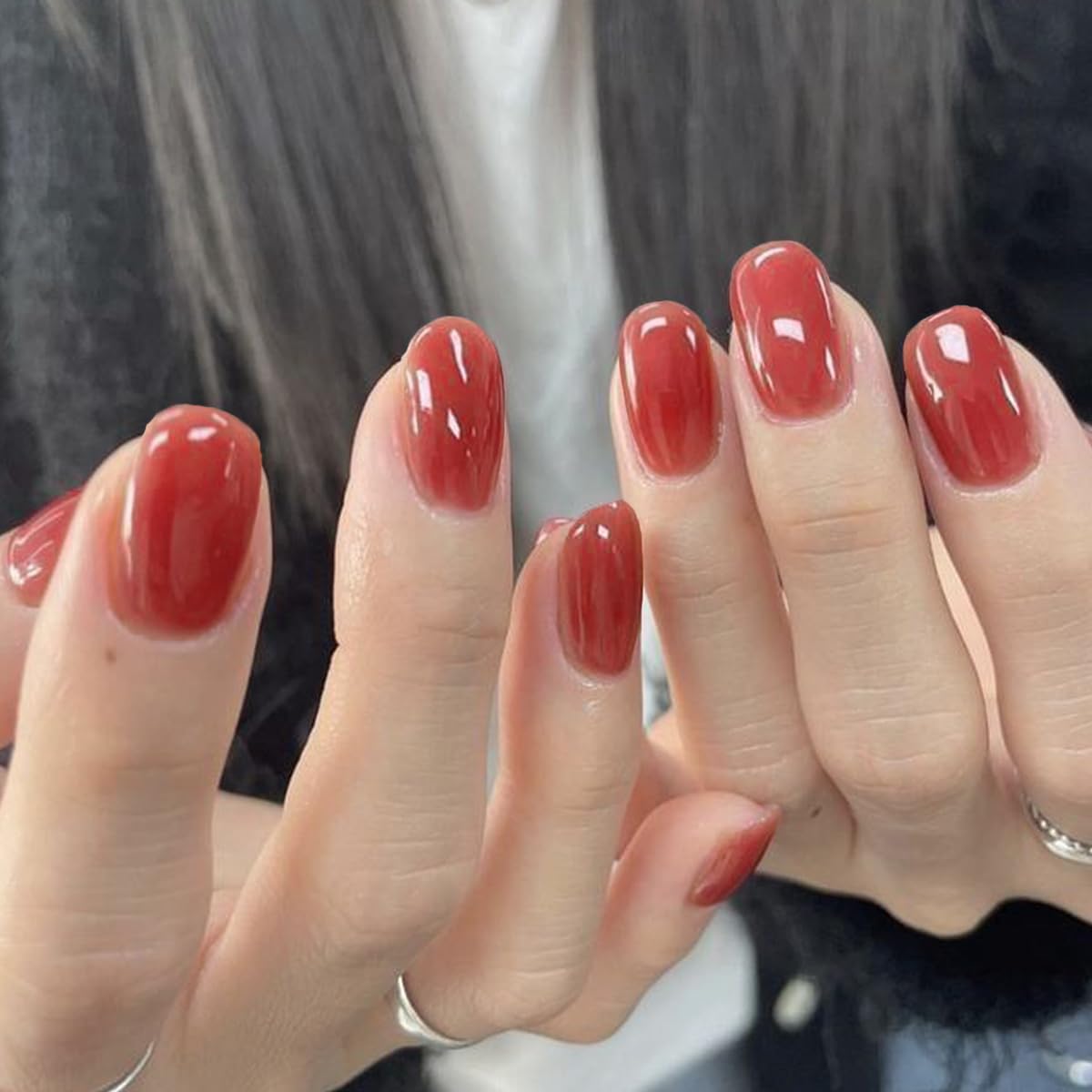 GLAMERMAID 24Pcs Short Squoval Press On Nails - Brick Red Jelly Gel Fake Nails with Glossy UV Finish, Reusable Acrylic False Nails for Women | Perfect for Spring Summer Manicure, Parties, Weddings & Daily Wear