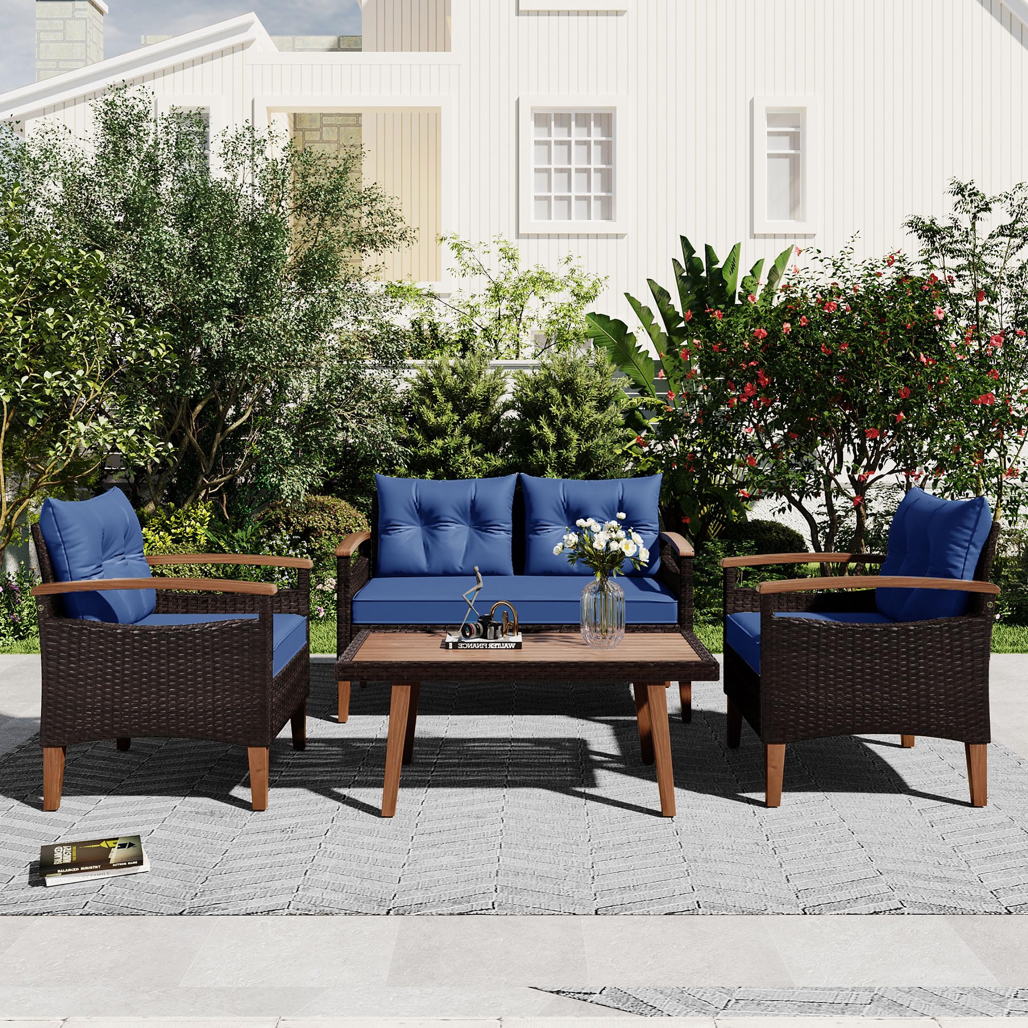 4-Piece Outdoor Patio Furniture Set with Coffee Table & Cushions - Garden Conversation Set for Backyard, Porch or Poolside (Blue) - Perfect for Relaxing, Entertaining & Outdoor Dining
