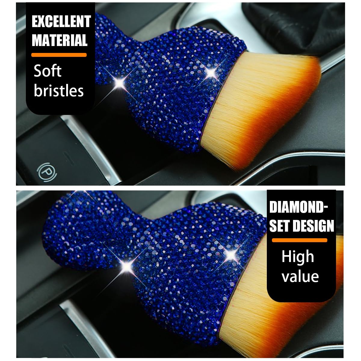 Premium Car Interior Cleaning Brush - Soft Bristle Dusting Tool with Diamond Bling Handle | Scratch-Free Dashboard, AC Vent & Interior Detailing Brush for Cars, Trucks & SUVs | Perfect for Auto Detailing, Home & Office Cleaning (Blue)