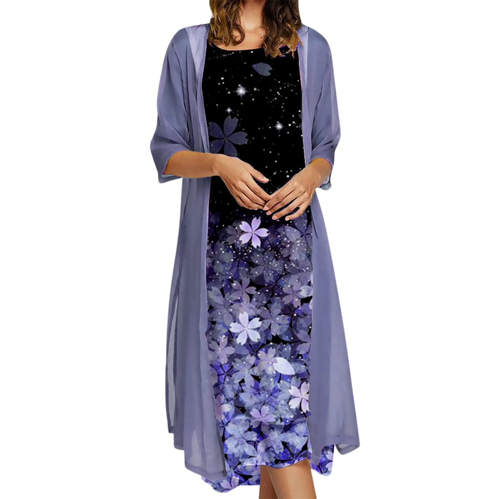 Women's 2 Piece Floral Print Wedding Guest Dress Set - Sleeveless Crewneck Dress with Long Chiffon Cardigan | Perfect for Bridal Showers, Summer Weddings & Formal Occasions