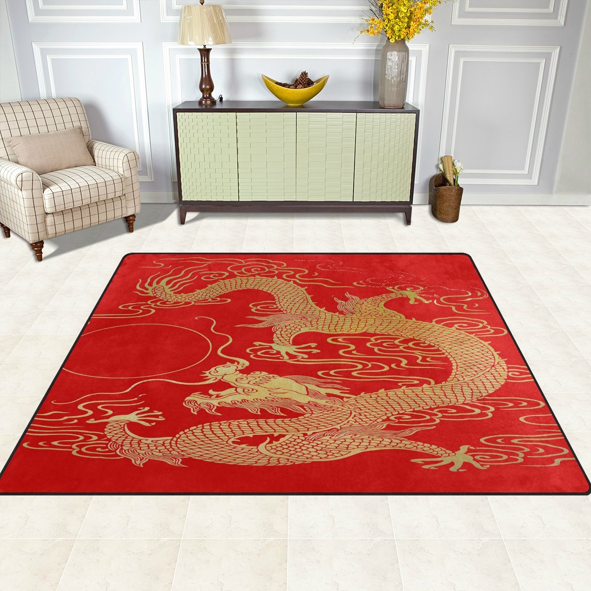 ALAZA Gold Dragon Oriental Area Rug 7' x 5' - Traditional Chinese Design Handmade Rug for Living Room, Bedroom, Dining Room | Perfect for Home Decor, Asian-Themed Spaces & Luxury Interior Design