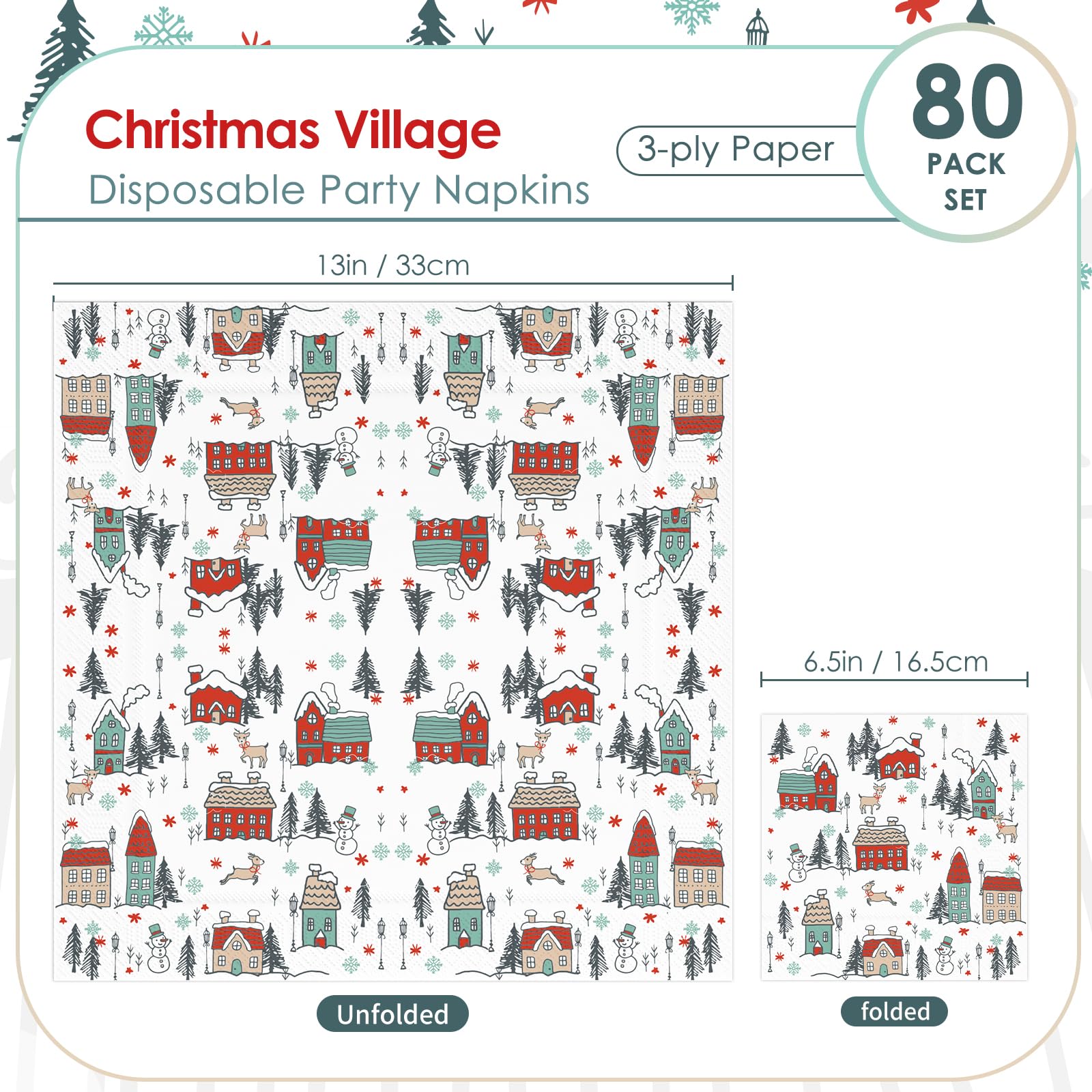 Christmas Party Napkins - 80 Pack Disposable Snow, House & Street Design Holiday Dinner Napkins for Christmas & New Year Celebrations - Perfect for Festive Gatherings, Family Dinners & Holiday Decorations