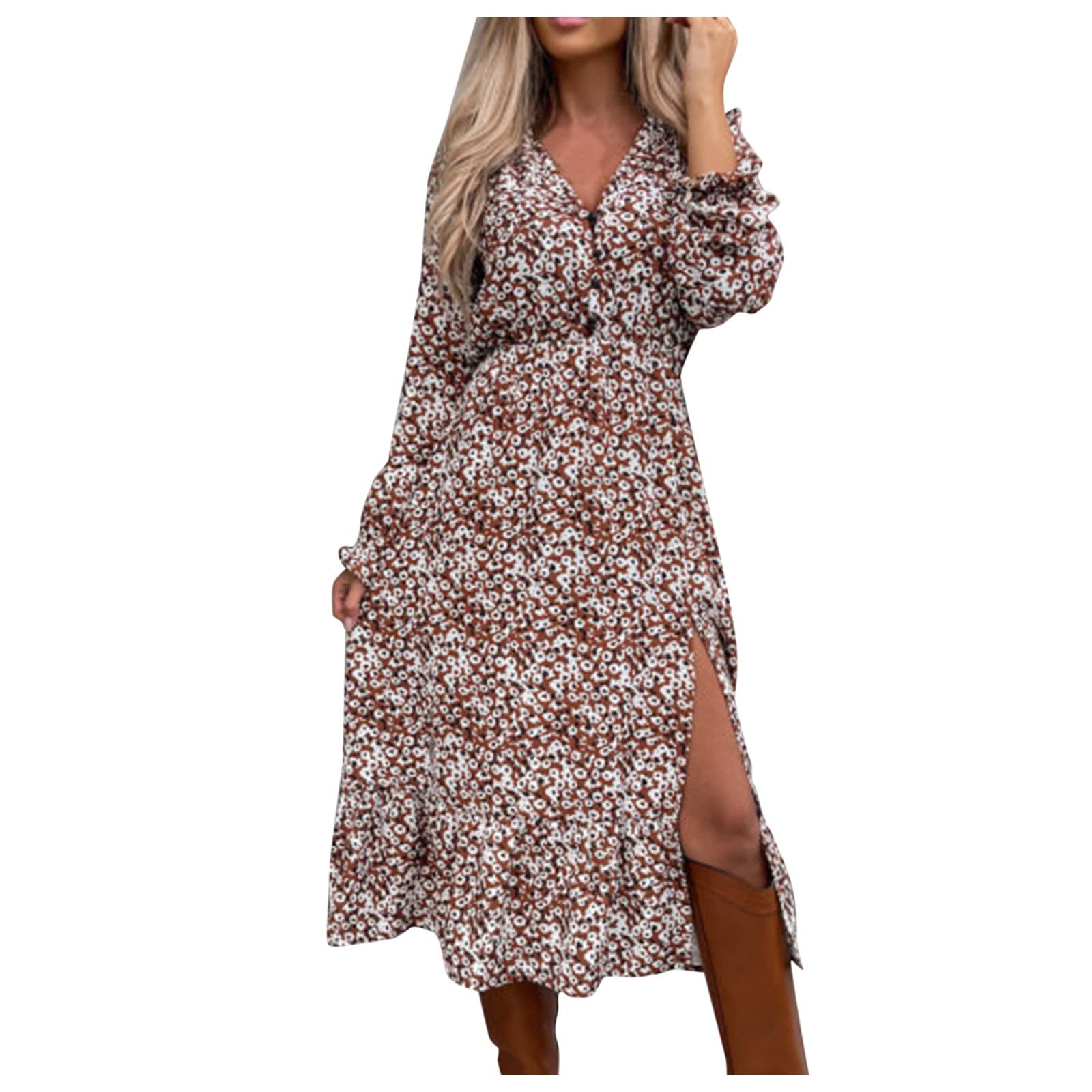 Women's Summer Floral Print Long Sleeve Bandage Dress with Button Detail - Elegant Rose Gold Casual Beach Dress for Outdoor Parties & Vacation Wear