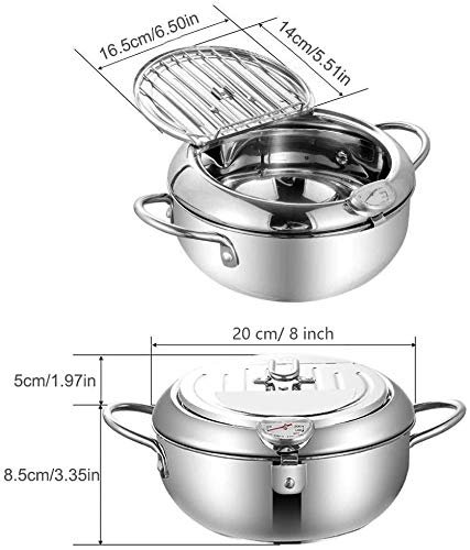 24cm Stainless Steel Deep Fryer with Thermometer, Lid & Oil Drip Rack - Nonstick Tempura Fryer Pot for Home Kitchen, Restaurants & Outdoor Cooking - Perfect for Chicken Wings, French Fries & Seafood